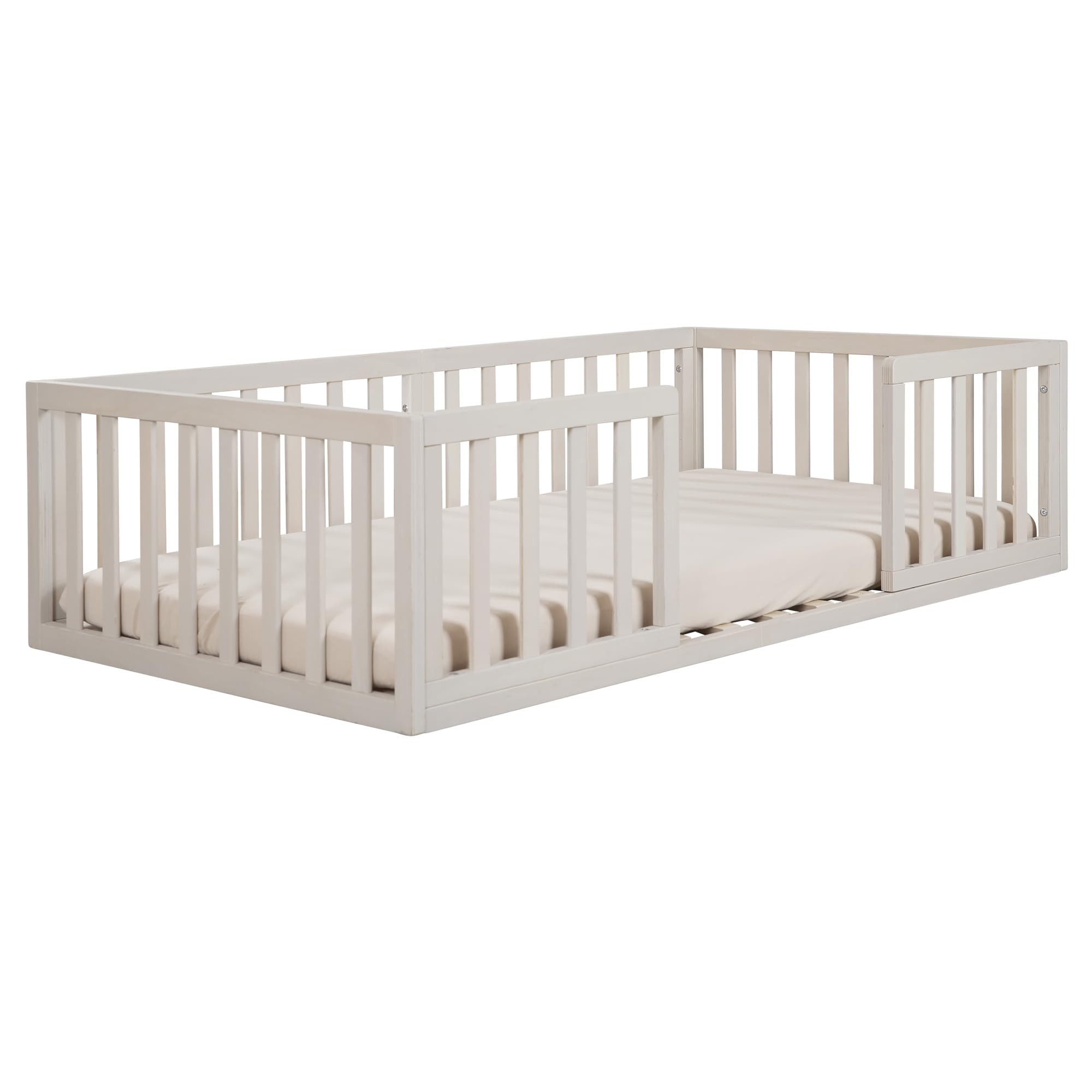 roba Letto Montessori a Pavimento 70 x 140 cm per Bambini - Con Rete a Doghe e Protezione Anticaduta - Concetto di Riposo a Livello del Pavimento per Bambini Piccoli - Stone Washed