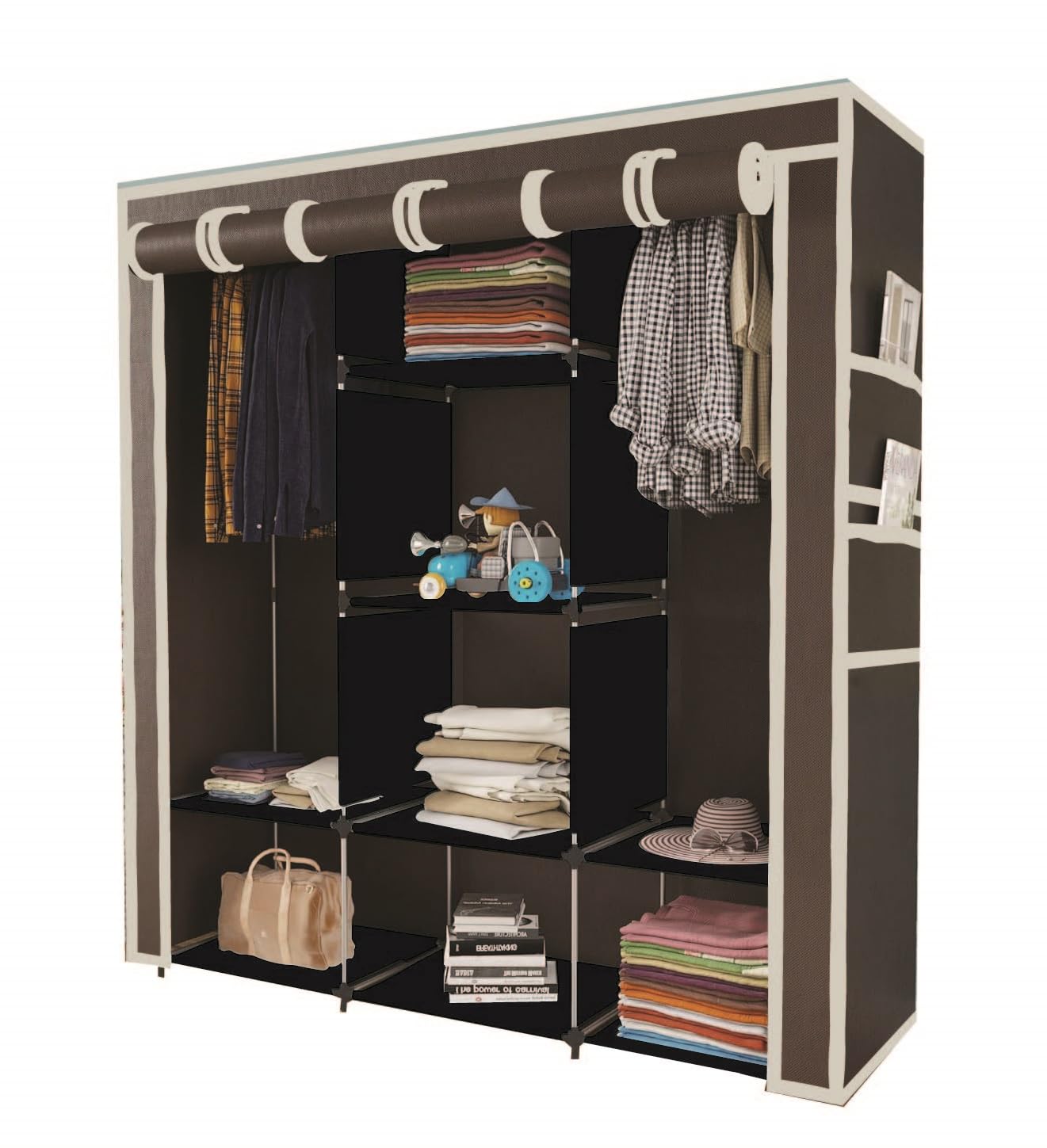 Maison & Cuisine Collapsible Wardrobe Portable Foldable Closet for Clothes Almira, 2 Hanging Space, 8 Shelves, Non-Woven Fabric 90 GSM (88130, Brown)