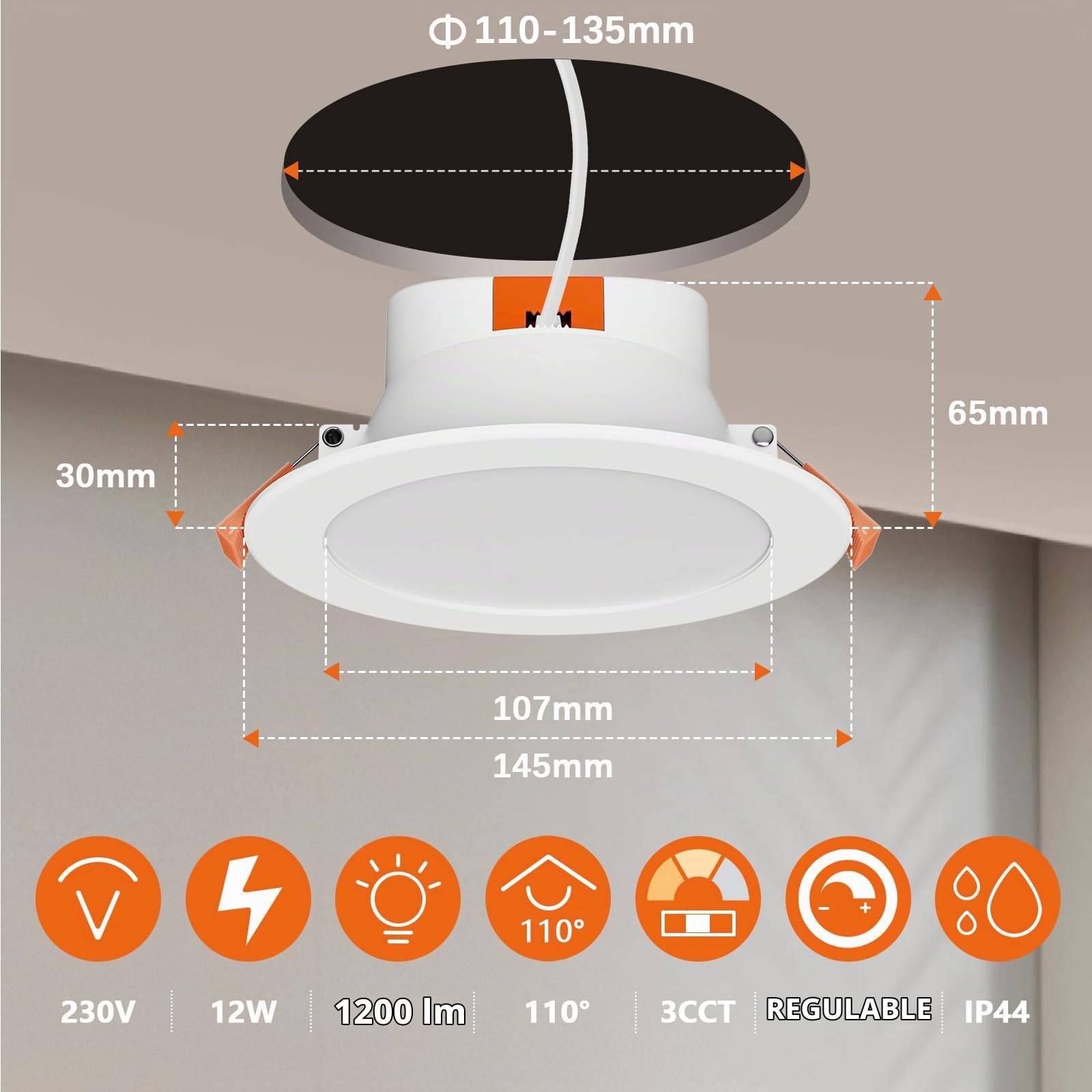 ENUOTEK Lamparas Plafon Focos Empotrables LED de Techo 12W Regulable Brillo Alto para Baños Cocina Luz Calida y Fria Ajustable 220V-240V Diámetro de Agujero Techo 110-135MM Lot de 3…