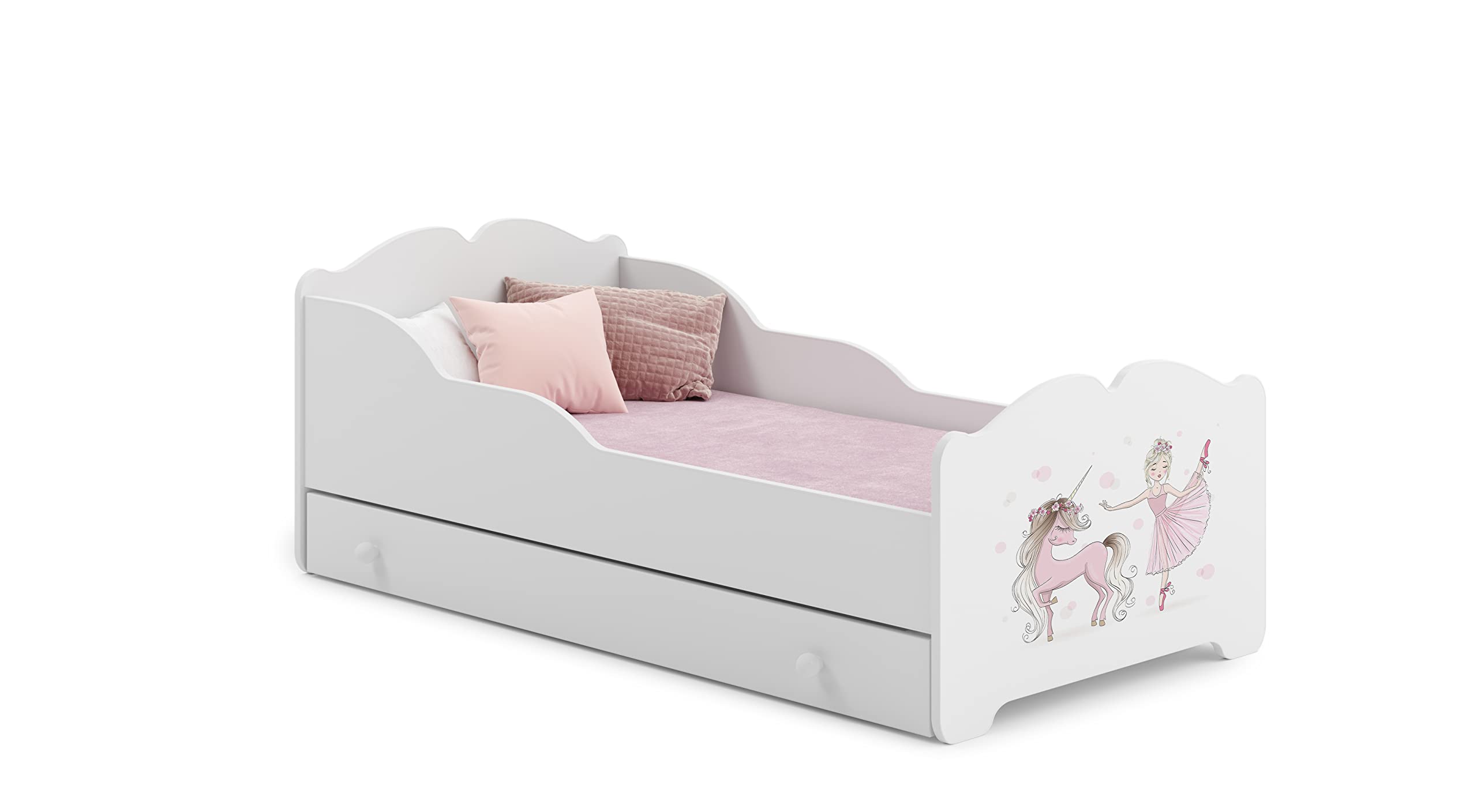 KOBI Lit Enfant Anna Blanc avec Licorne Rose et Ballerine | avec Rangement é Tiroir | 160x80 cm | Lit Petite Fille Lits pour Enfants | avec Un Matelas et Un Cadre | la Chambre Bebe