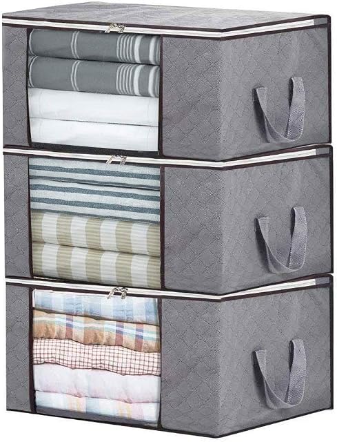 LATTCURE Clothes Storage Bags with Zips, Duvet Storage Bag, Thick Breathable Fabric Underbed Storage Bags with Clear Windows for Quilt, Bedding, 3 PCS, 84L (Grey)