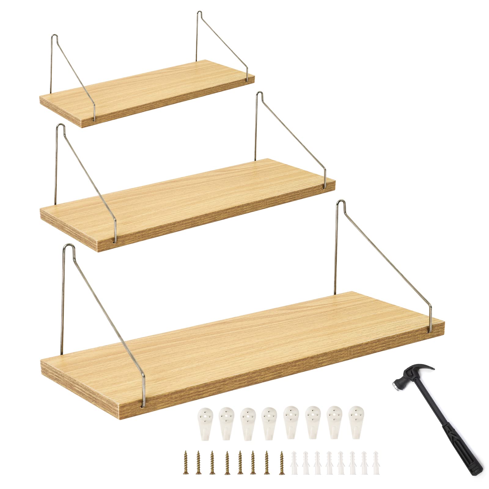 Amazon Jiaxing ウォールシェルフ 壁を傷つけない 壁掛け棚 穴あけ不要 賃貸 おしゃれ 木製 ウォールラック 北欧 インテリア 壁面収納 取付簡単 Diy 棚 壁 飾り棚 セット 2種類の取付釘と小型ハンマーが付属 30cm 40cm 50cm3点セット 木の色 オープンシェルフ