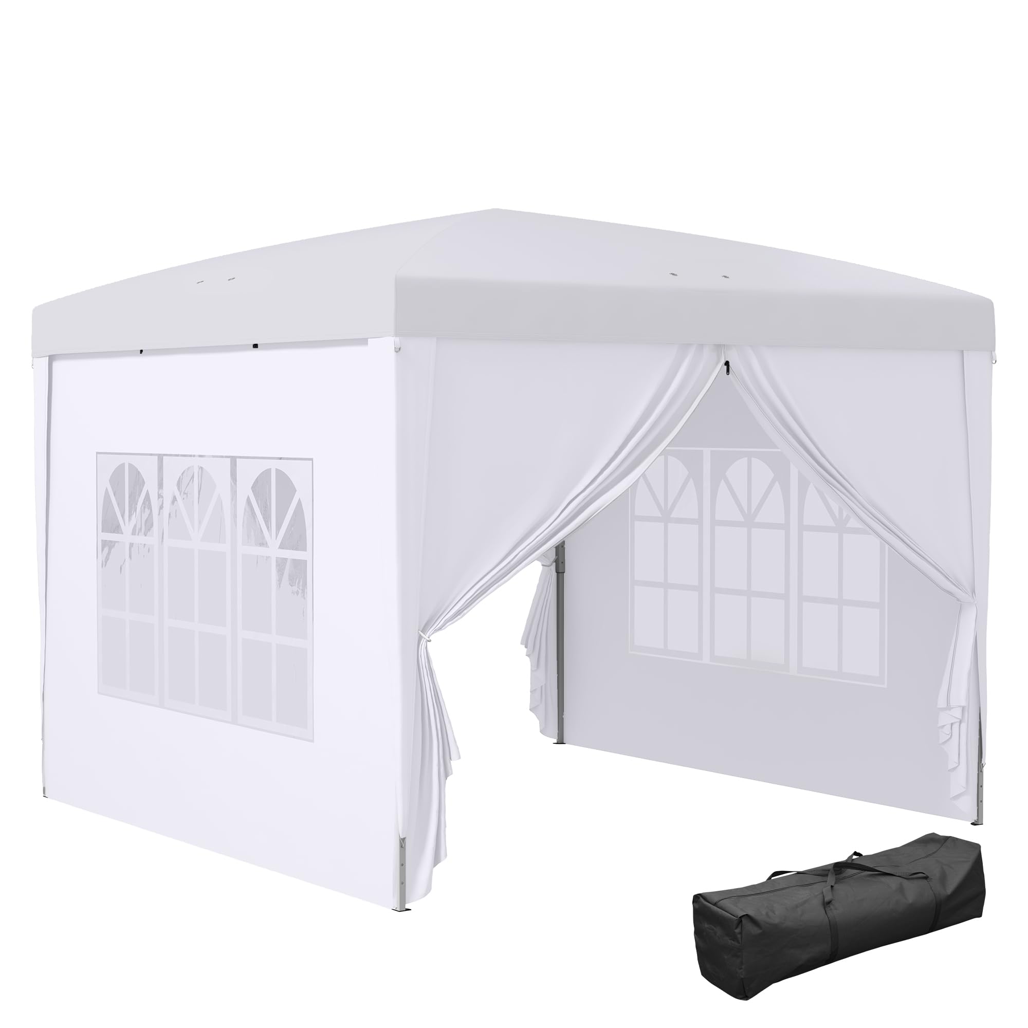 Outsunny Gazebo Pieghevole 3x3 Pop Up con 2 Porte e 2 Finestre, 4 Pannelli Laterali e Borsa da Trasporto, Gazebo da Esterno in Acciaio e Tessuto Oxford, per Giardino, Feste, Campeggio, Bianco