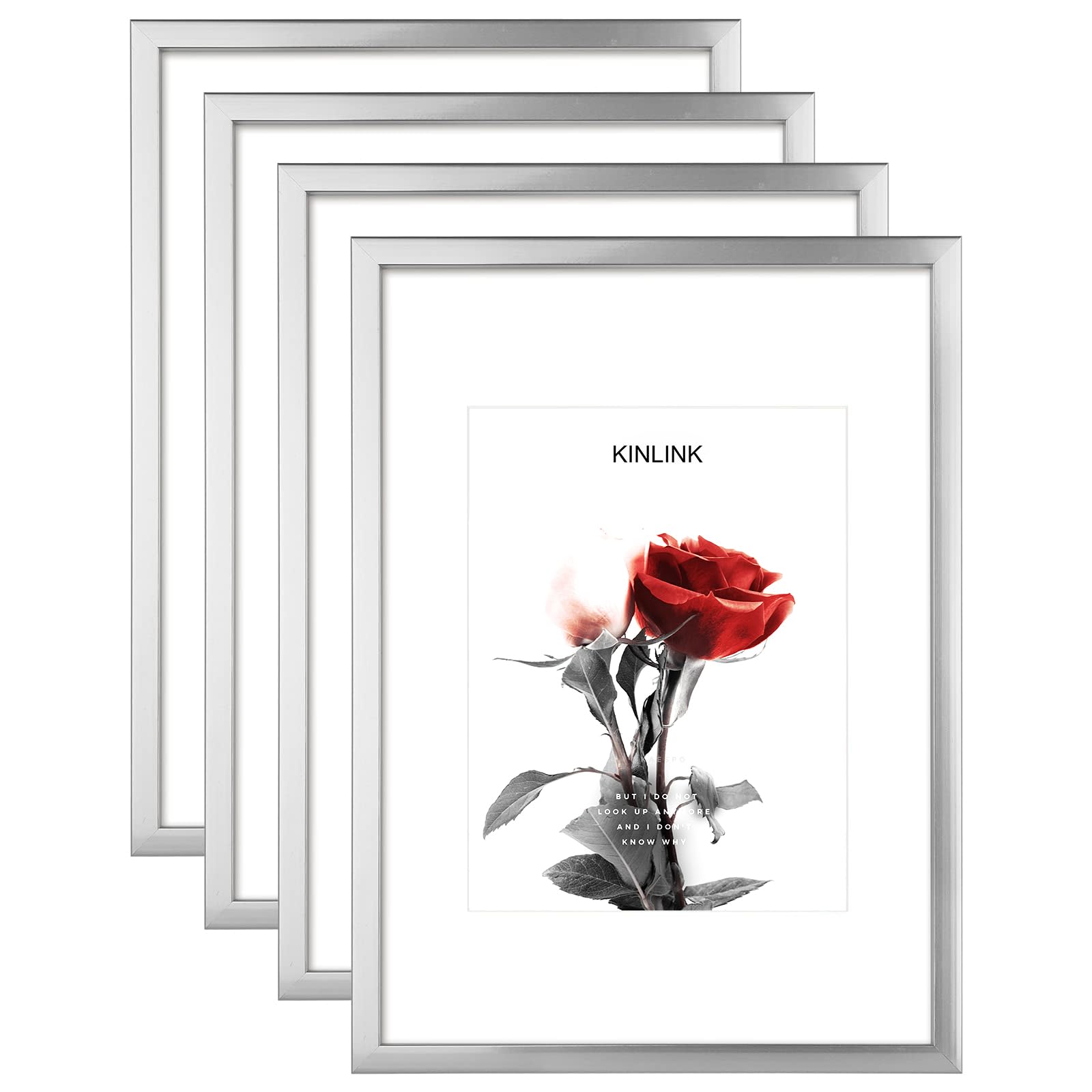 KINLINK A4 Picture Frames Silver, Photo Frames with Real Glass for Picture 6x8 with Mat or A4 without Mat, Composite Wood Picture Frames for Table Top and Wall Mounting - Set of 4