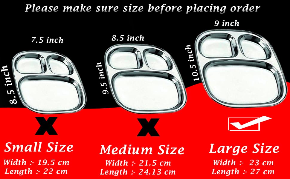 Image of Stainless Steel Plate with 3 Compartments for Lunch, Dinner Plates Set of 4 (Big)