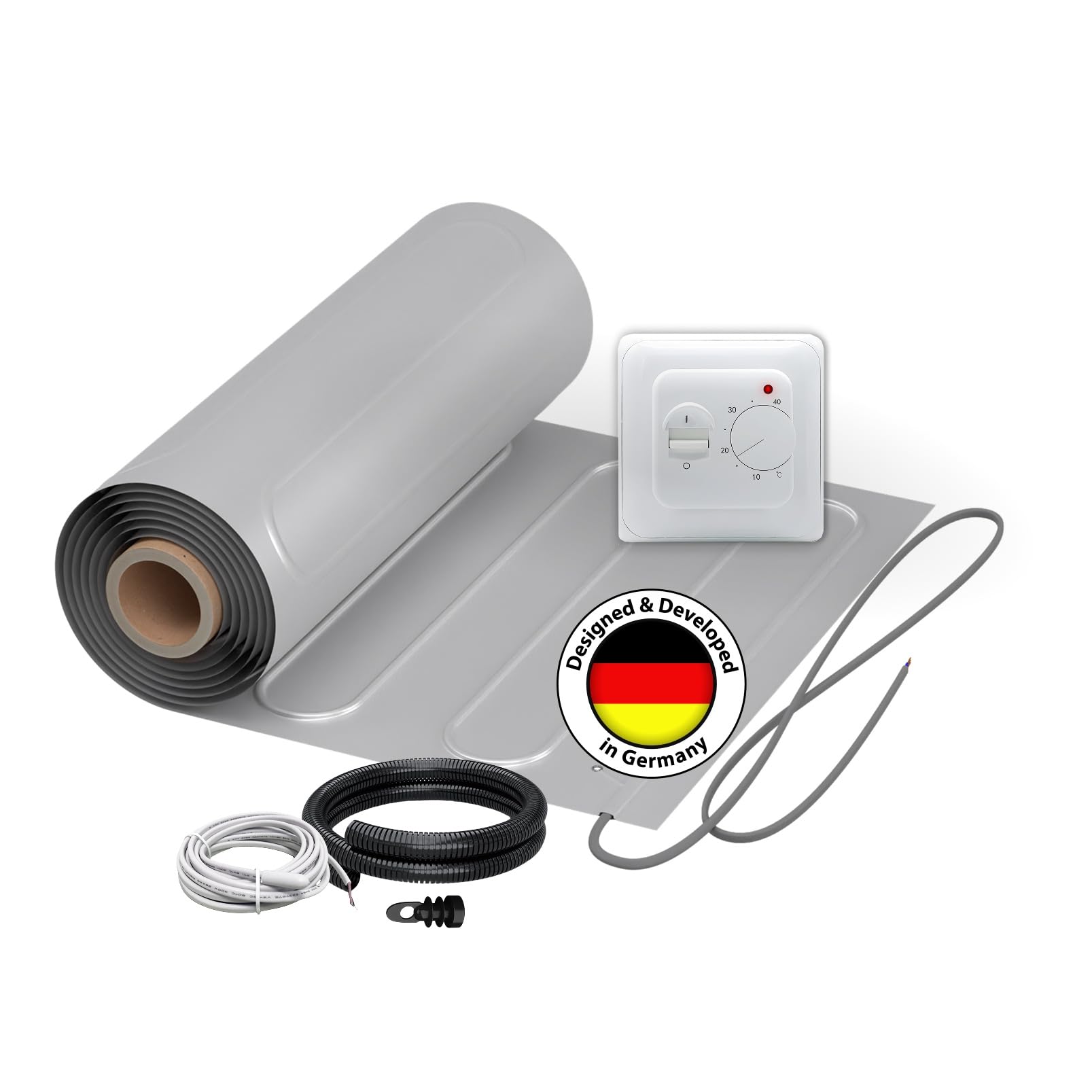 Elektrische Fußbodenheizung: Zweiader-ALU-Heizmatte WARMON ALU 150 W/m² inkl. Thermostat mit Bodensensor, Thermostat:Analog, Mattengröße:1 m²