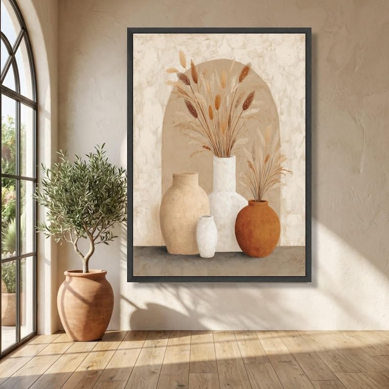 Tableau sur toile vases rustiques et fleurs séchées affiche bohème 50x75 cm