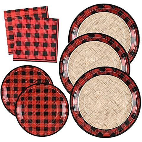 Homlouue 200 PCS Christmas Plates and Napkins Holiday Red and Black Plaid Plates Christmas Party Supplies Includes 50 Dinner Plates 50 Dessert Plates 100 Napkins, Serve 50 Cover