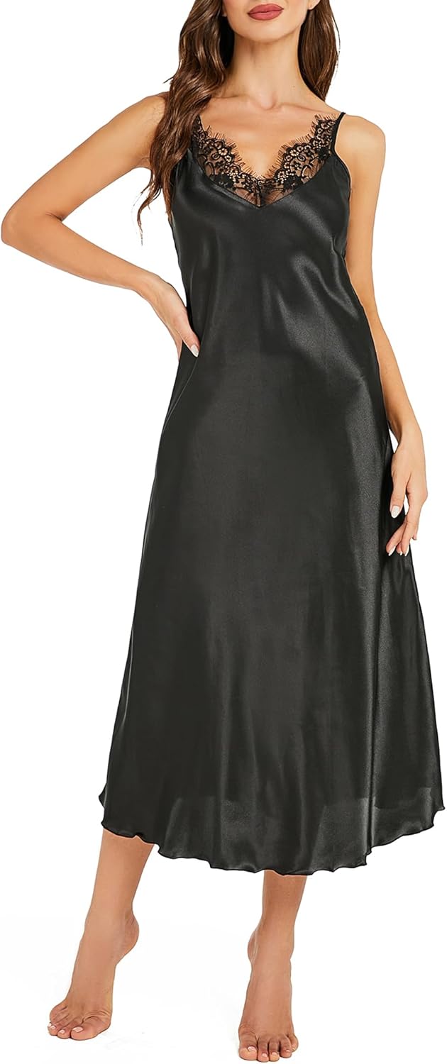 Litherday Silk Nightgown for Women Long Satin Slip Dress Nightdress Silky Chemise Nightie Soft V Neck Nightwear
