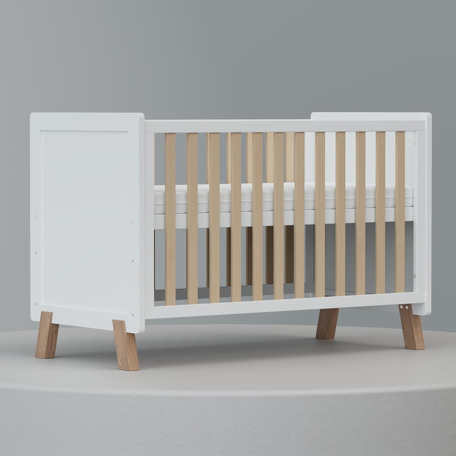 Lit pour bébé en bois 3-en-1, berceau, lit convertible avec barrière de dentition, base ajustable à 3 positions, garde-corps court et matelas inclus, pour bébés de 0 à 5 ans, conforme à la norme EN716