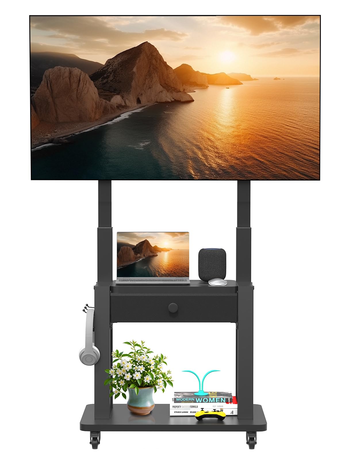 Support TV Roulant avec tiroir de Rangement en Tissu pour écran Plat/incurvé de 32-75" jusqu'à 100 kg LCD/LED/OLED Hauteur réglable Chariot TV Mobile avec Roues pour la Maison, Le Bureau et, Noir