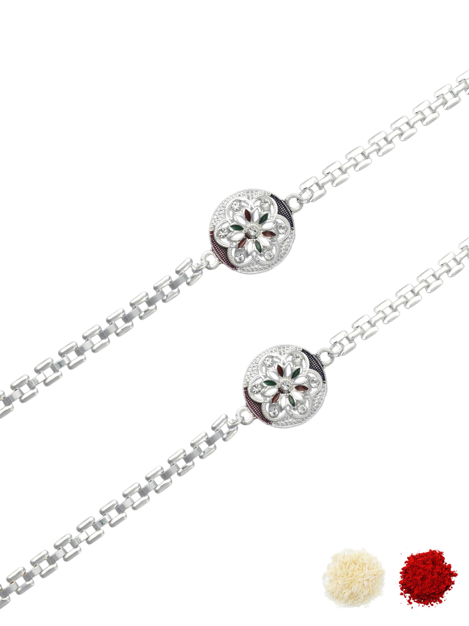 Premium Multi-coloured Minakari Finish Silver-Plated Pack of 2 Bracelet Type Chain Stylish Rakhi for Raksha Bandhan for Brother, Bhai, Bhaiya, with Roli Chawal and Greeting Card-100-image-44