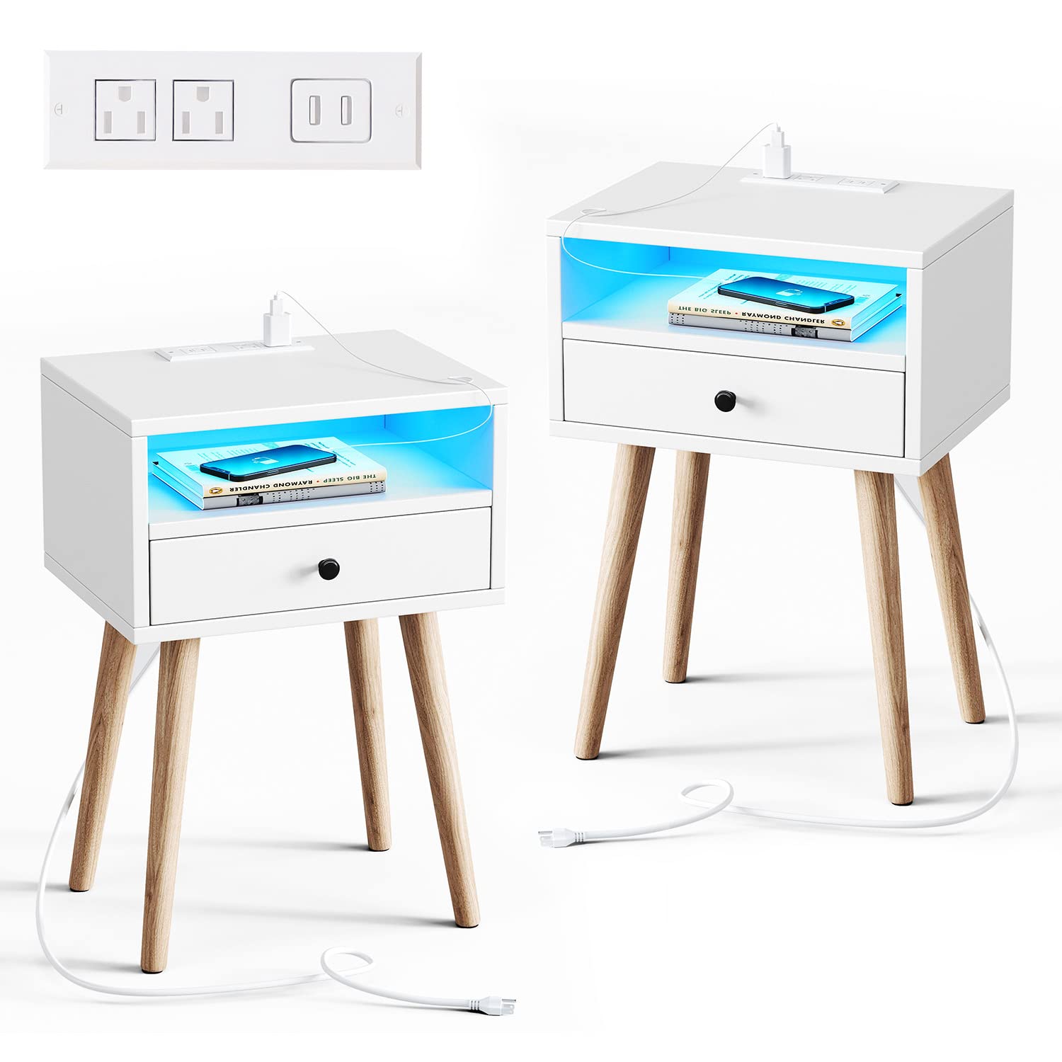 White Nightstands Set of 2, Mid Century Modern Night Stand with