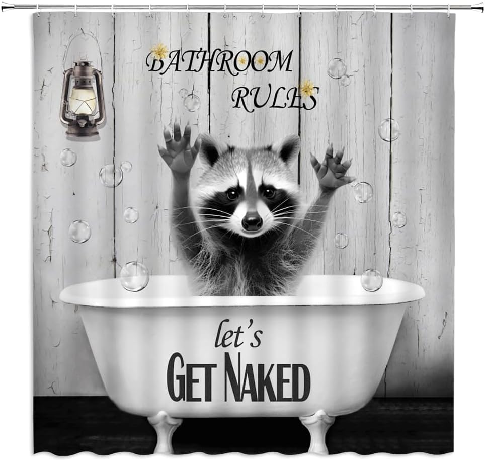 Funny Raccoon Shower Curtain Lovely Animals in Bathtub Bubble Yellow Floral Rustic Wooden Board Wildlife Bathroom Decor Fabric Curtains with Hook 80Wx70H Inches