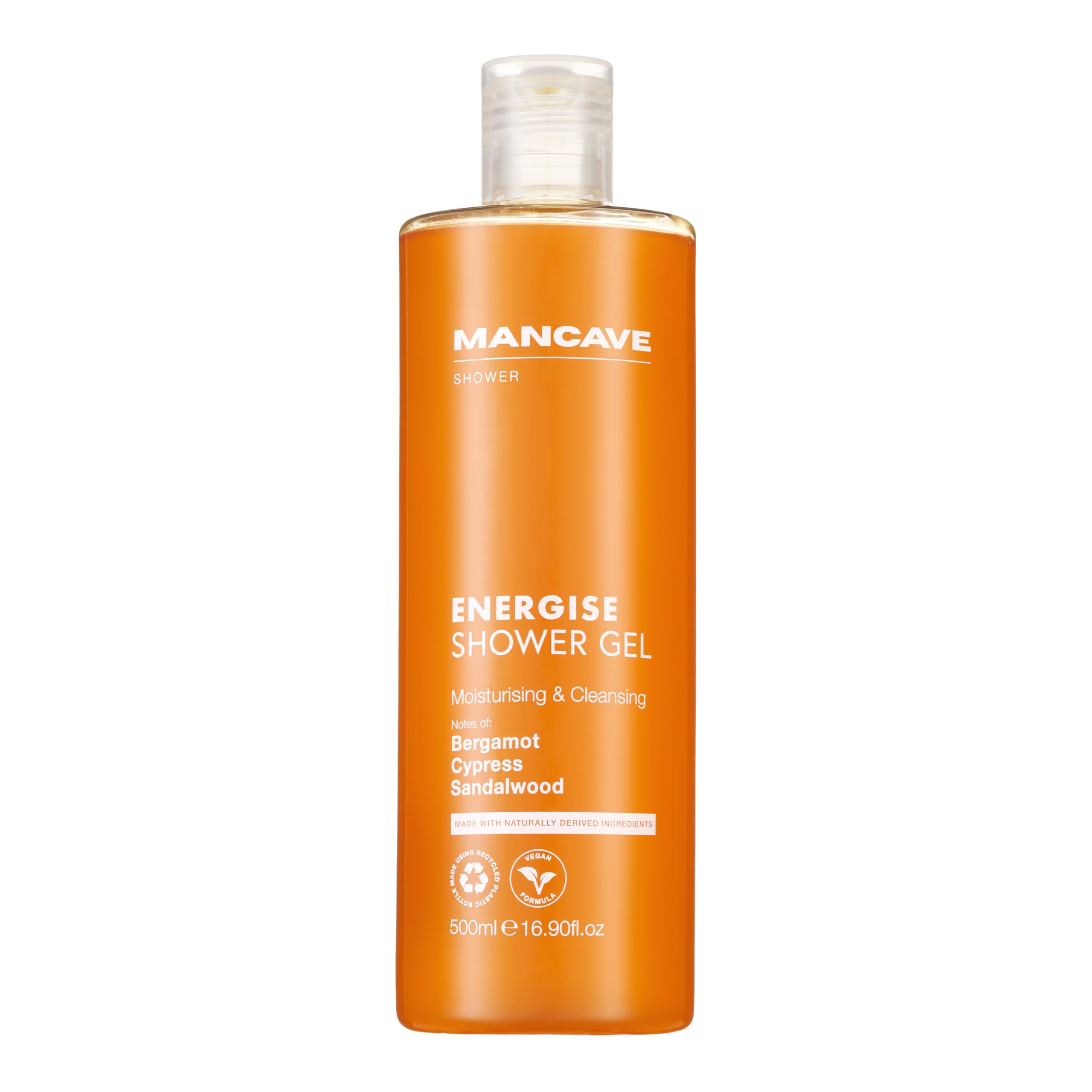 ManCave Energise Mens Shower Gel, 500 ml, Body Wash, Natural Ingredients, Vegan, Eco-Conscious and Cruelty-Free, Invigorating Shower Gel for Men with Bergamot, Musk, Sandalwood, Body Wash for Men
