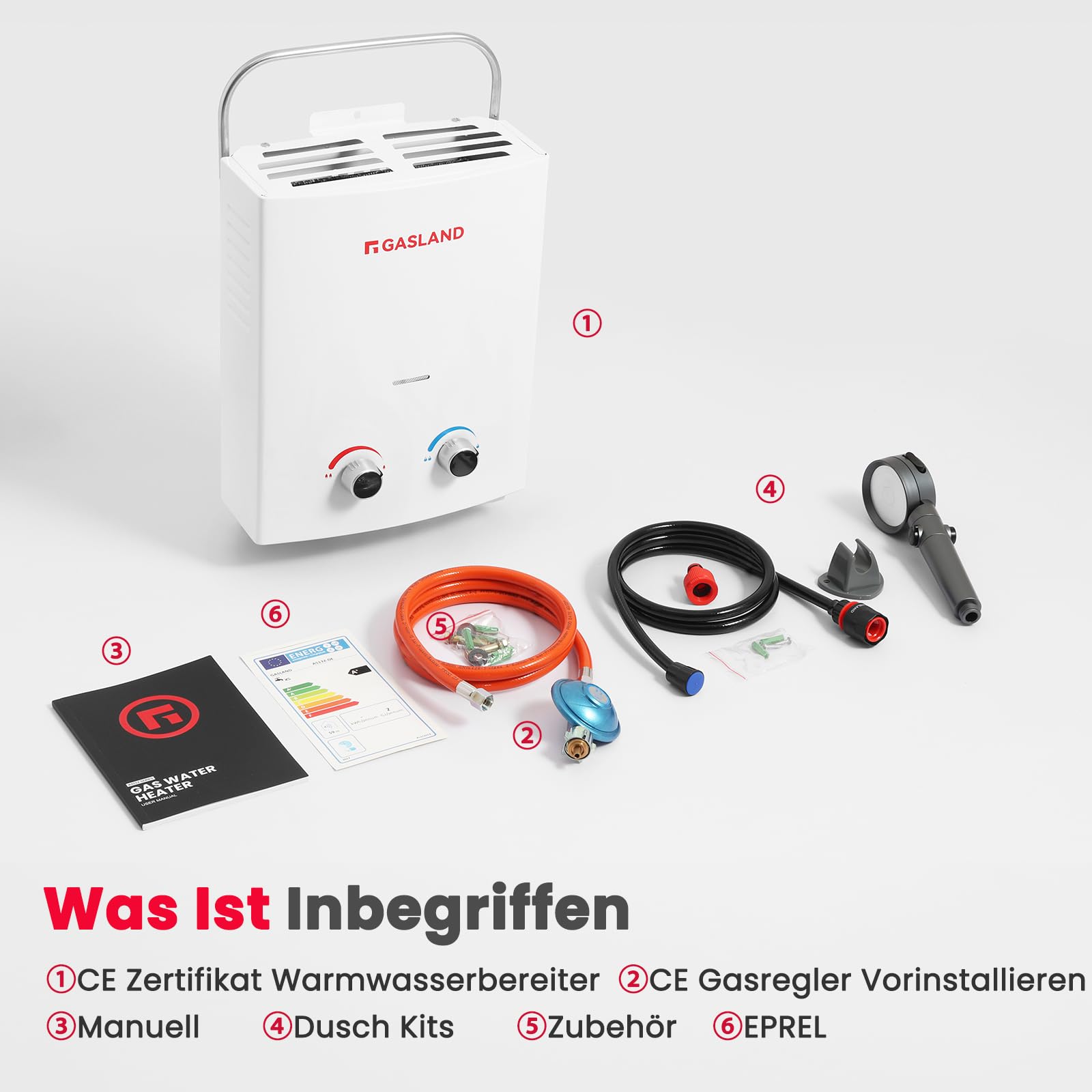 GASLAND 5L Gasdurchlauferhitzer, AS132 Propan Durchlauferhitzer 50mbar, LPG Wassererhitzer für Wohnmobil Camping Dusche Waschen Pferd