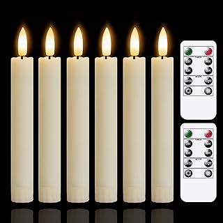 Battery Operated Flameless Taper Candles with Two Remote Timer,6.4” LED 3D-Wick Window Candles,Flickering Long-Lasting Warm Light Electric Pack of 6 Flameless Candlesticks(0.78” Dia,Ivory)