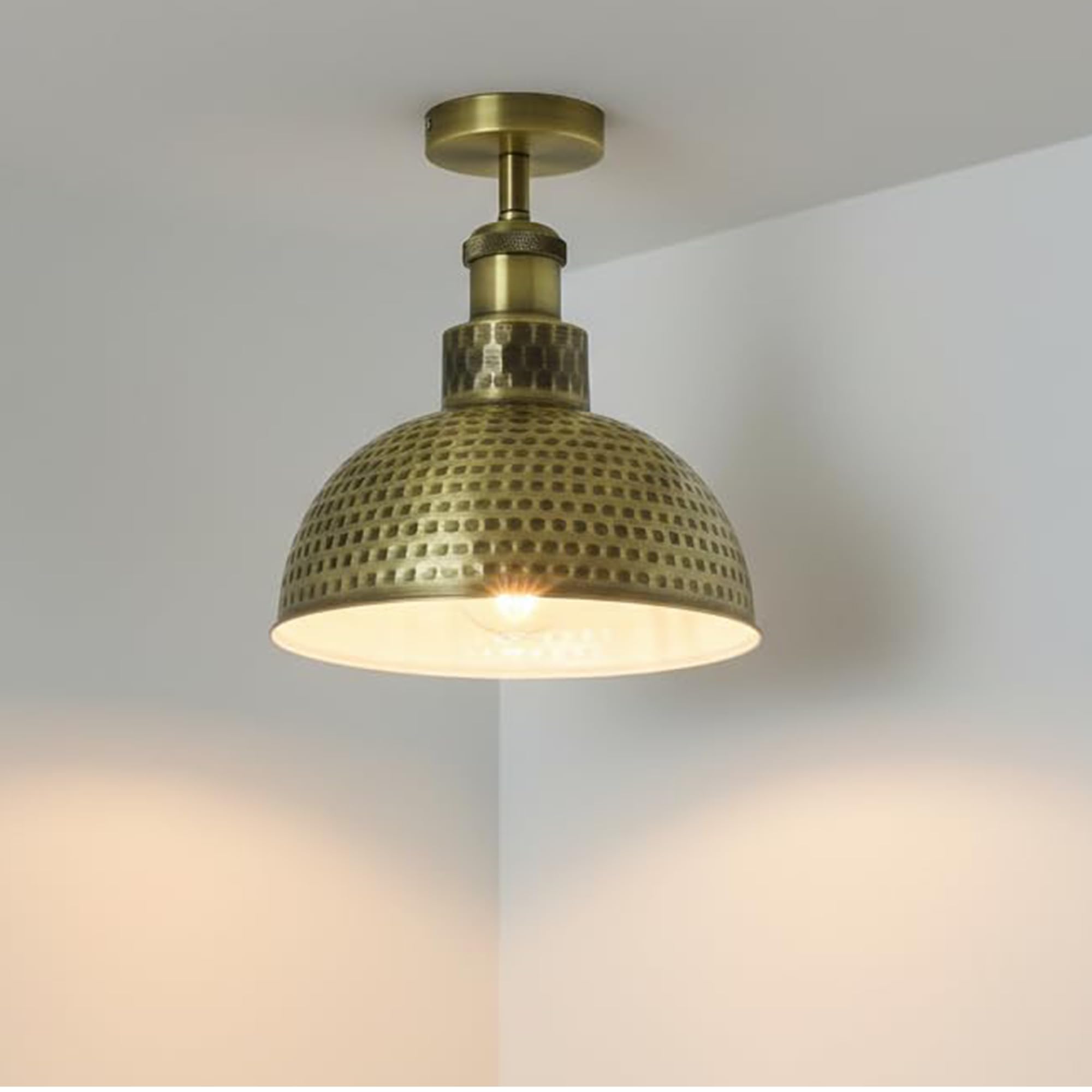 LEDSone Vintage Industrial Ceiling Light E27 Holder, 26cm Hammered Dome Shade, Green Brass Metal Semi Flush Mount, Anti-Rust Durable Ceiling Light Fitting for Kitchen, Living Room, Bedroom, Hallway