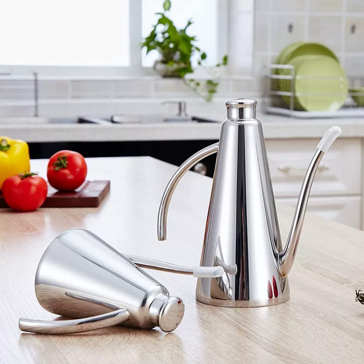 Dispenser per olio d'oliva, in acciaio inox, antigoccia, contenitore per olio e aceto da cucina con beccuccio, 500 ml, per cucinare e condire