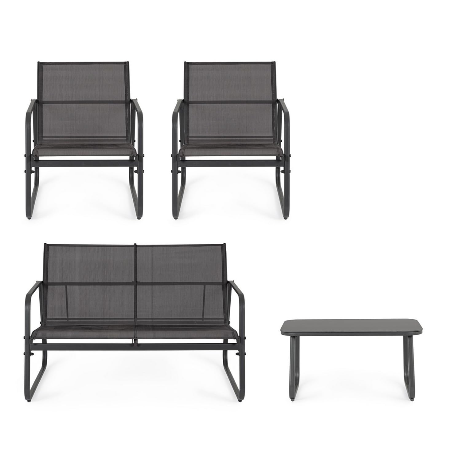 Bizzotto Set Salotto da Giardino Gonzalo, 4 Pezzi, Divano, 2 Poltrone e Tavolino, Struttura in Metallo, Tessuto Mesh, Antracite