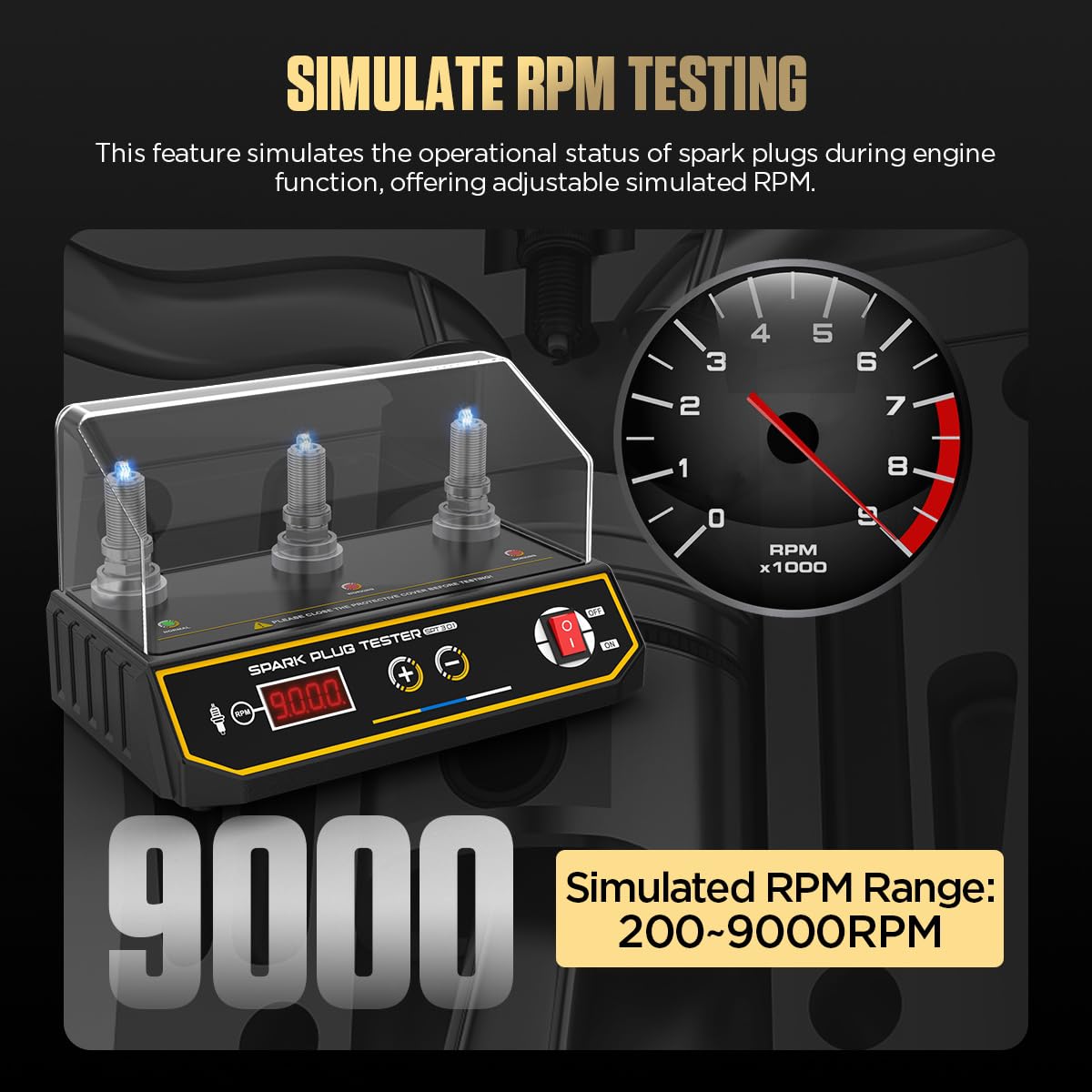 Bujía y herramientas de encendido SPT301 Probador de bujías de 3 orificios 200-9000 rpm altura del orificio de ajuste con pruebas comparativas,zócalo de chispa de 12mm,simular el rendimiento del motor