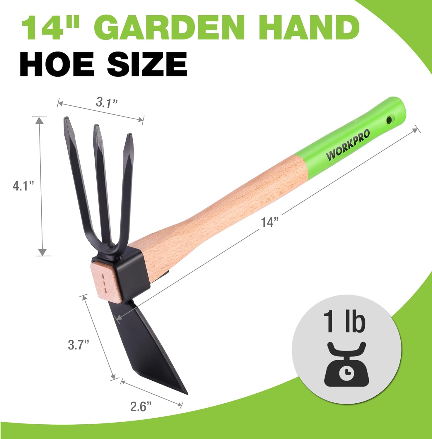 Green 14 WORKPRO Hoe and Cultivator Garden Rake with 14 Wooden Handle, Sharp Hoe Blade & Sturdy 3 Claw Tiller, 2-in-1 Heavy Duty Gardening Hand Tools for Digging, Loosening Soil, Weeding, Cultivating