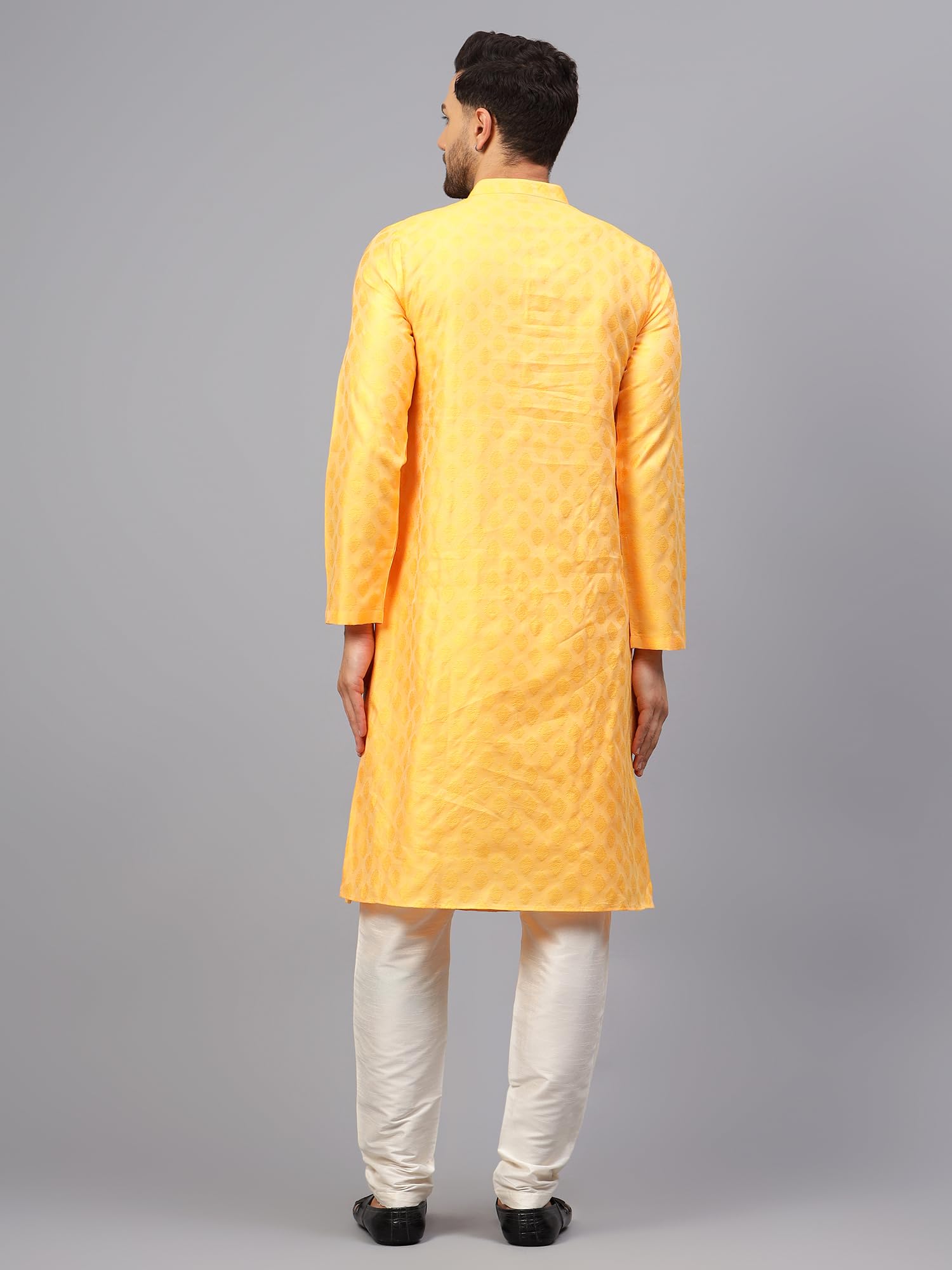 LATEST CHIKAN Men's Cotton Silk Blend Floral Kurta and Pyjama Set, Small, Yellow - Image 3 thumbnail
