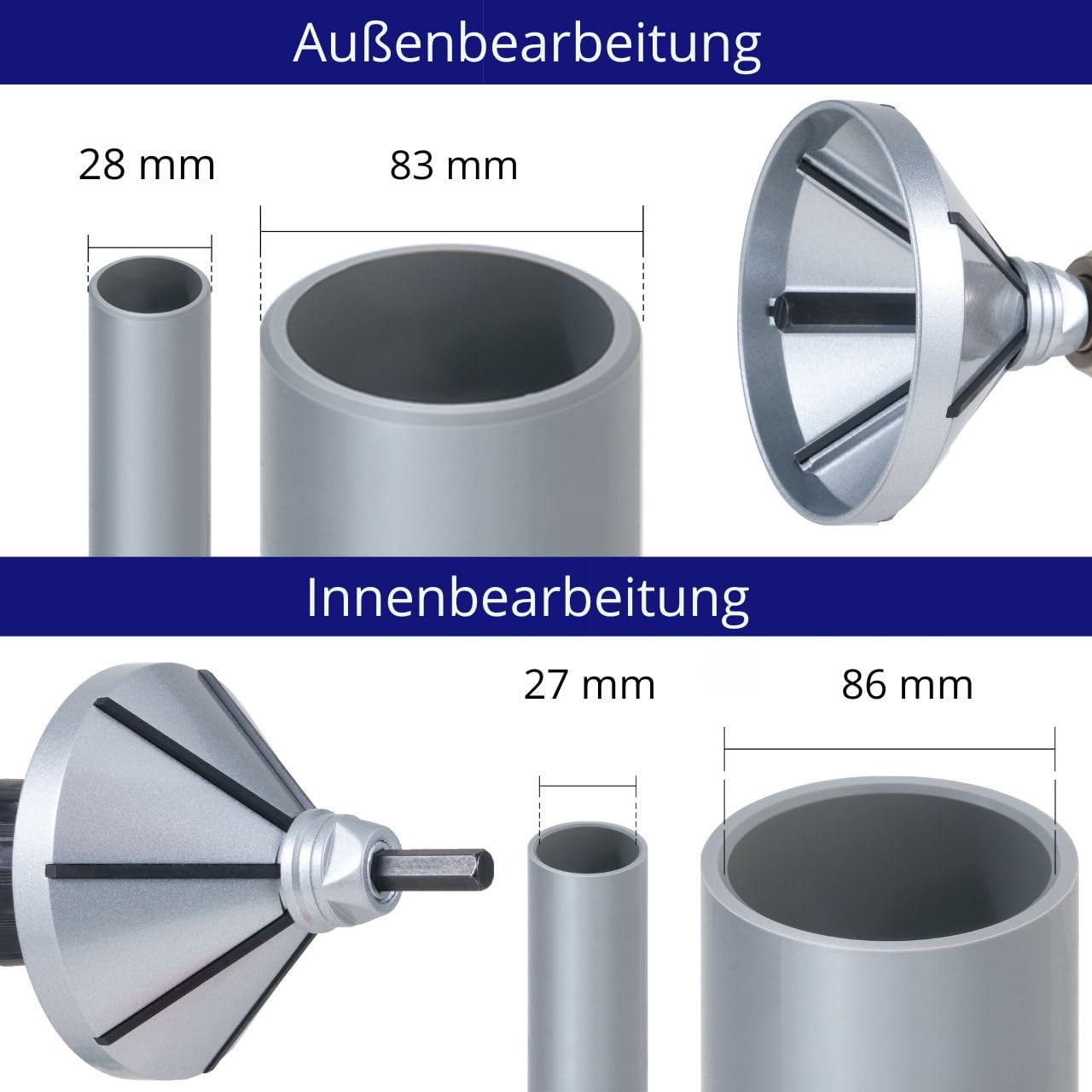 Abfräser Entgrater 2 in 1 für Kunststoffrohre - Innen 27-86 mm, Außen 28-83 mm