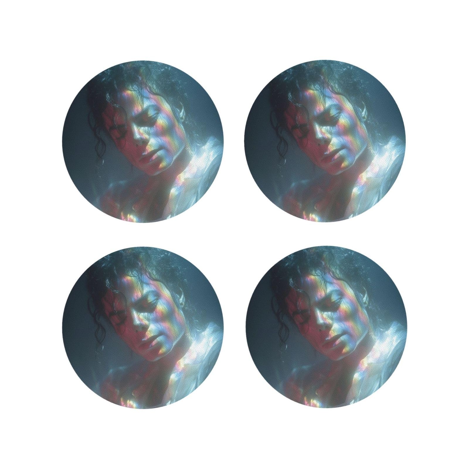 Coasters Set of 4 Round Leather Coaster Quick-Dry Drink Michael Jackson Coasters for Desk Absorbent Mugs Pads Tabletop Protection Pad Heat Resistant Coffee Cup Mat for Kitchen Bar
