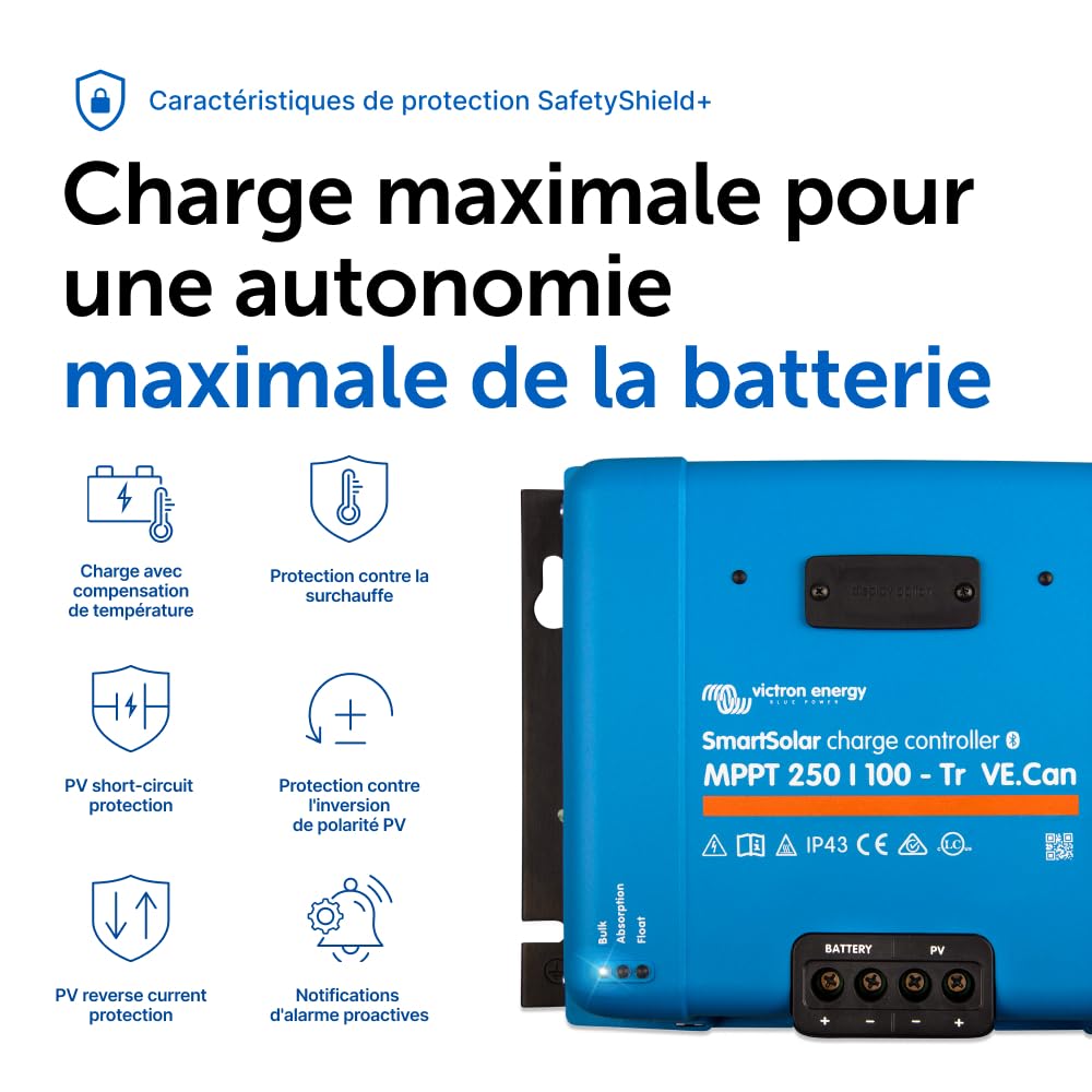Victron Energy SmartSolar MPPT TR VE.Can 250V 100 amp 12/24/36/48-Volt Contrôleur de Charge Solaire (Bluetooth)
