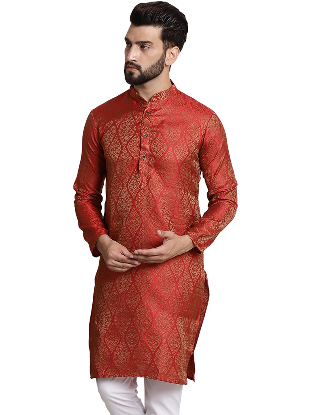 Sojanya (Since 1958 Men's Silk Blend Red Color Self Design Only Long Kurta