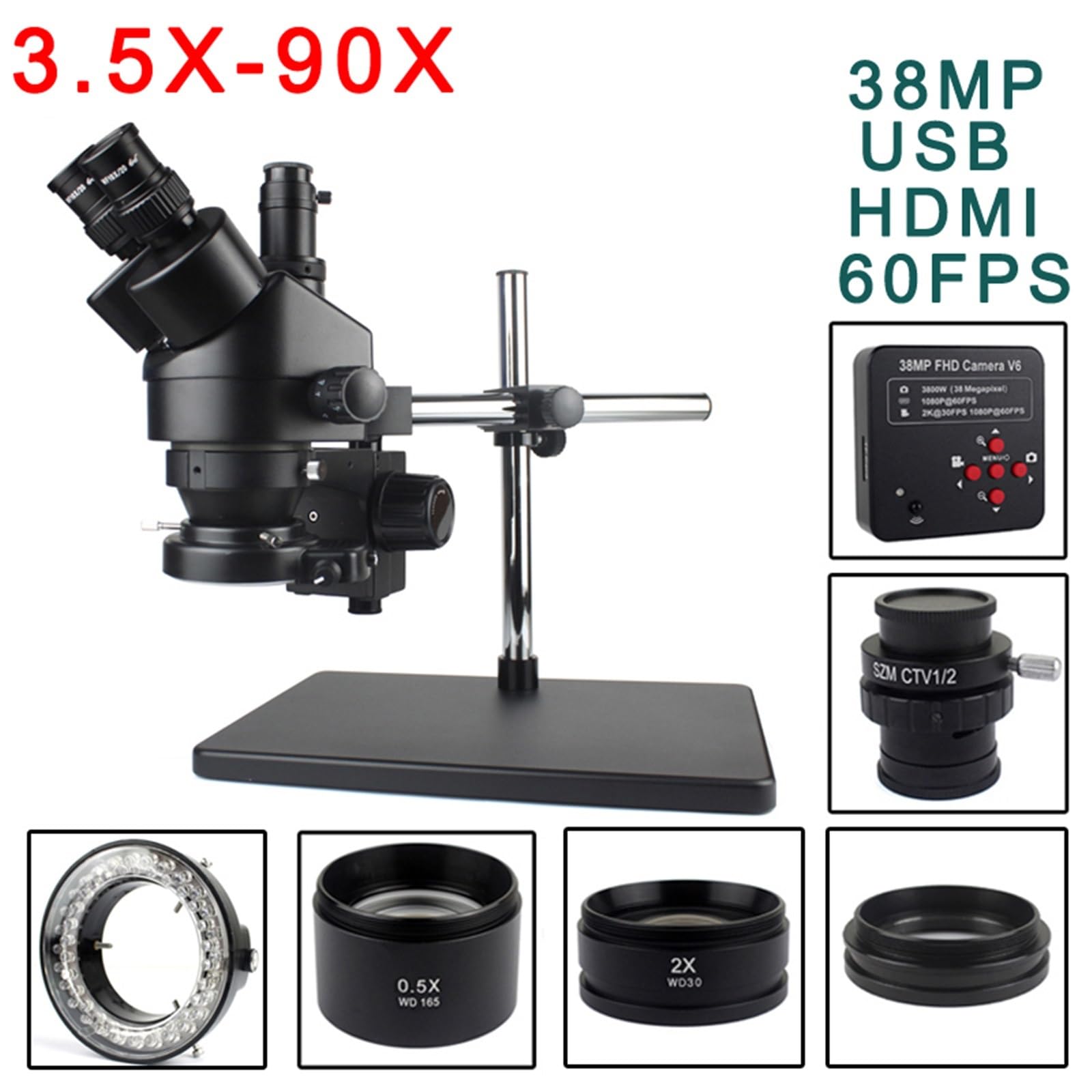 3,5-90-krotny mikroskop trójokularowy z jednoczesnym powiększeniem ostrości 1080P 2K 48MP 55MP HDMI USB kamera wideo 1 x 0,5 x 2 x obiektyw obiektywowy (D10,9 x 1,5 mm)