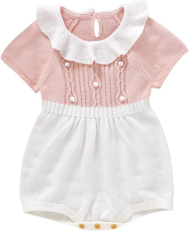 Neiwech Baby Girl Romper Ruffle Neck Short Sleeve Pompoms Knit Rompers Newborn Infant Jumpsuit Summer Outfits Clothes