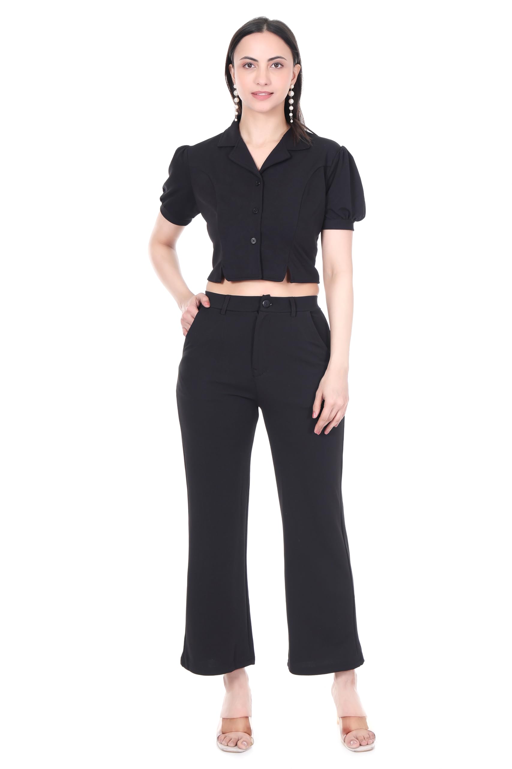 Women's Co-ord Set, Cropped Button-Down Top with Puff Sleeves and Wide Leg Pants-image-20