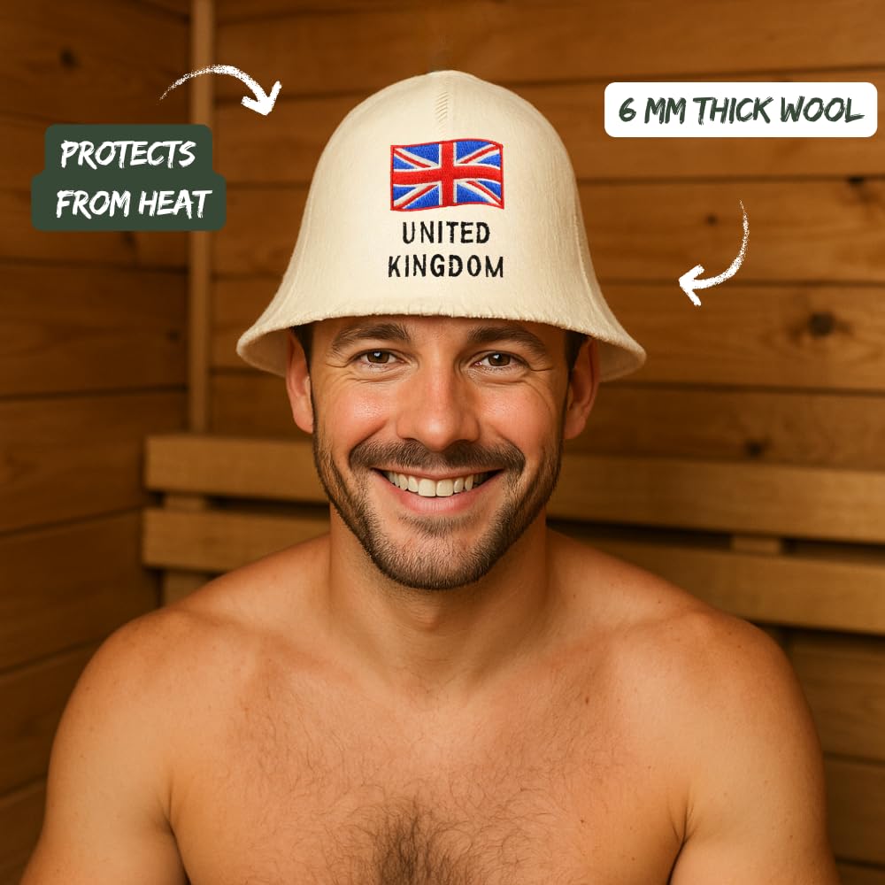 Saunahut für Damen und Herren aus Filz - UK – Grau Saunahut für Herren und Damen aus 100 Prozent Natürlichem Wollfilz – Saunamütze mit Stickerei – Hitze-Schutz – Inkl. Sauna E-Book