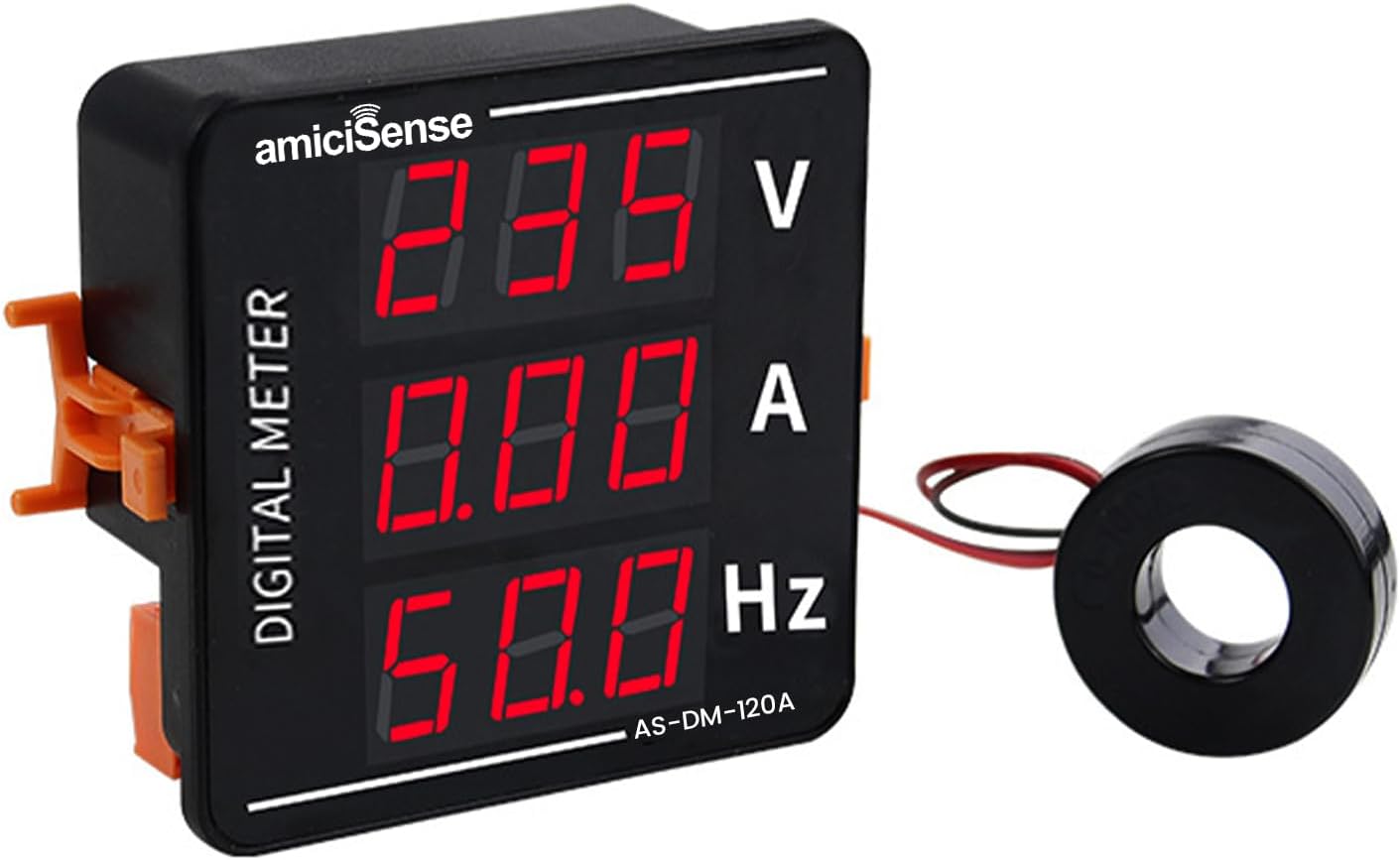 amiciSense 3-in-1 AC Digital Voltmeter Ammeter Frequency Meter | 50–500V Voltage Tester with 0–120A Current Measurement | LED Display Single Phase Power Monitoring Meter for Electrical Panels