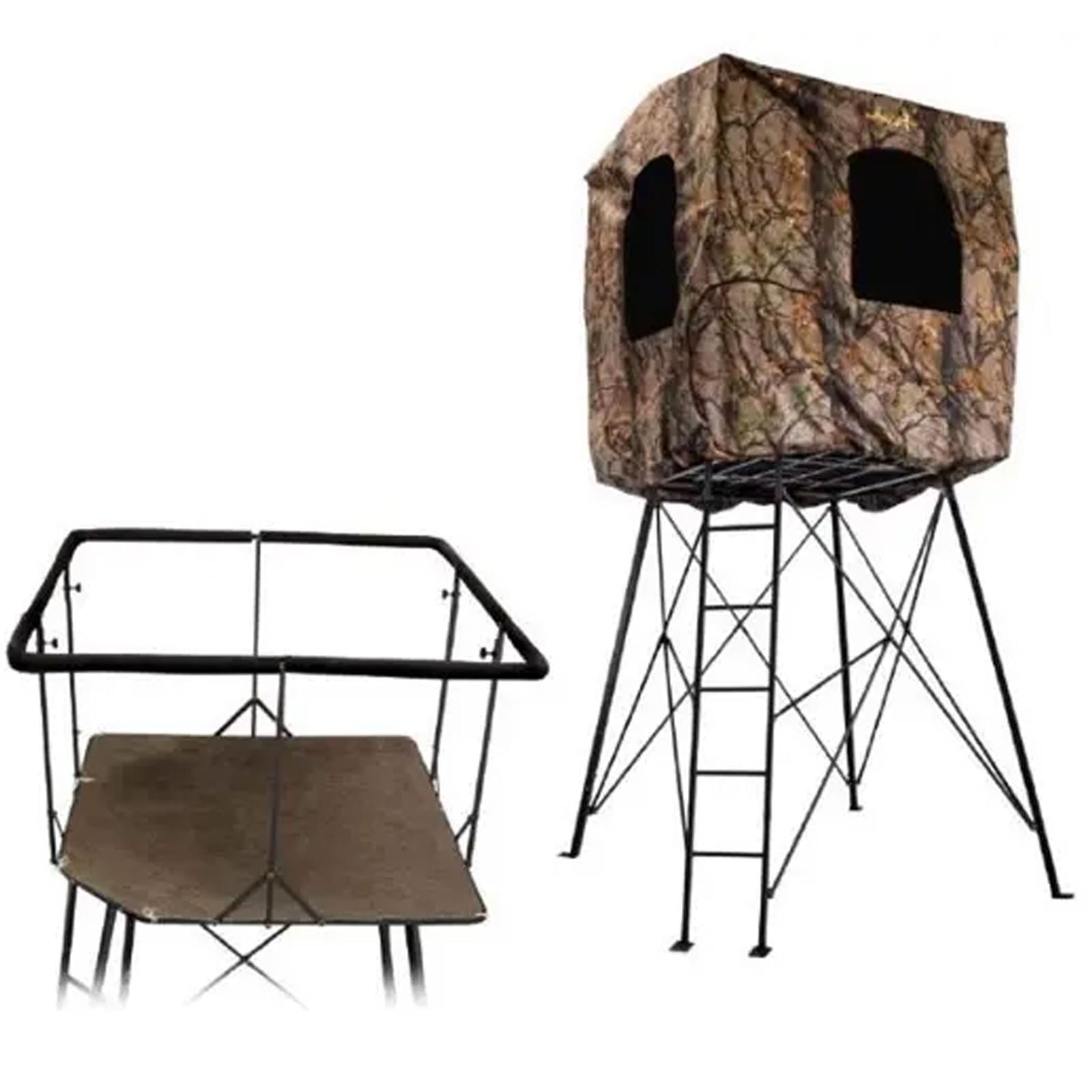 Muddy 12 Foot Quad Pod Ladder Stand with Large 57" x 57" Platform and Hunting Blind, Hunting Gear Deer Blind with 4 Windows, Epic Camo