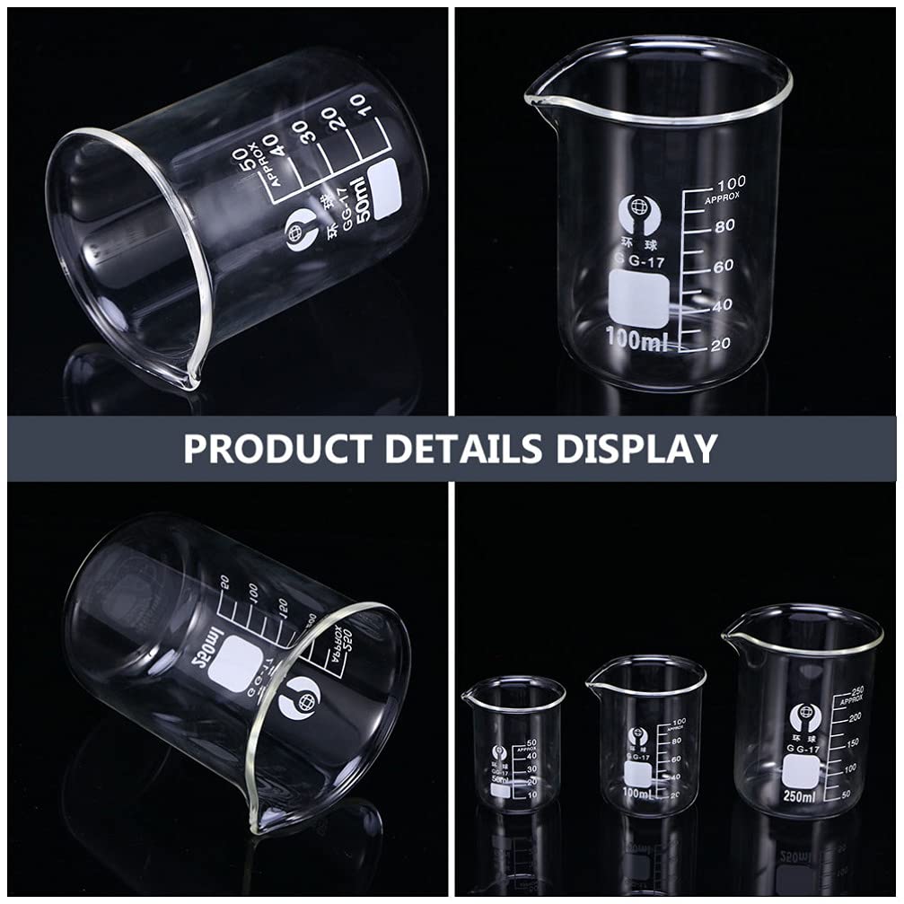 Juego cilindros matraz vaso 9 piezas, matraz vidrio científico, cilindros graduados, vasos medidores transparentes para suministros laboratorio, 50 ml, 100 ml, 250 ml