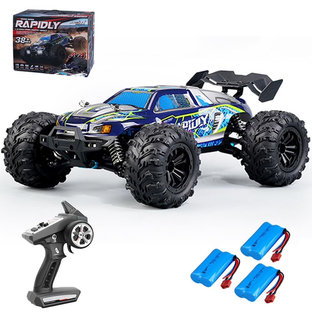 X-Verse 1:16 Auto telecomandata, 50 km/H, spazzola di carbone motore RC ad alta velocità Offroad Drift Auto da corsa, 2,4 GHz, 4 WD All Terrain Offroad Auto da corsa (3 batterie, blu)