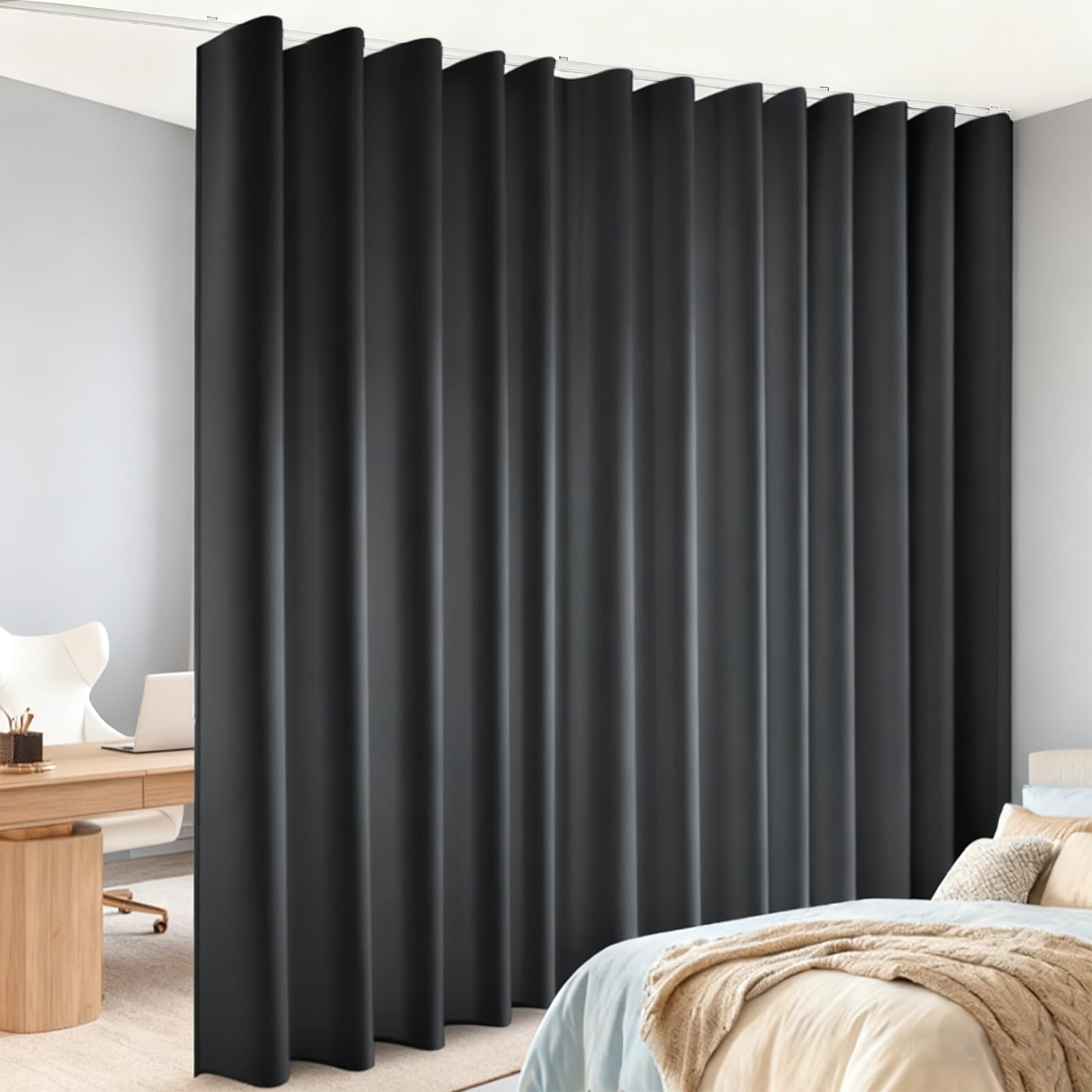 Rideau Séparateur De Pièce Avec Rail De Plafond Flexible Ajustable 3M, Montage Au Plafond Sur Rails, Pour Salon, Chambre, Bureau (Noir - H 220 X 270 Cm, 1 Panneau)