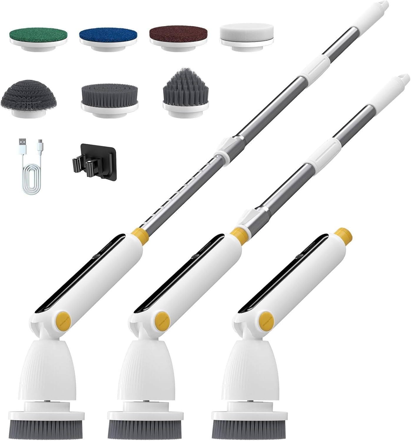 ICEPURE Cepillo de Limpieza Eléctrico con 8 Cabezales, Mango Telescópico Ajustable de 38 a 143 cm, Sensor de Presión y Pantalla LED, 2 Velocidades y 4 Ángulos para Baño y Cocina