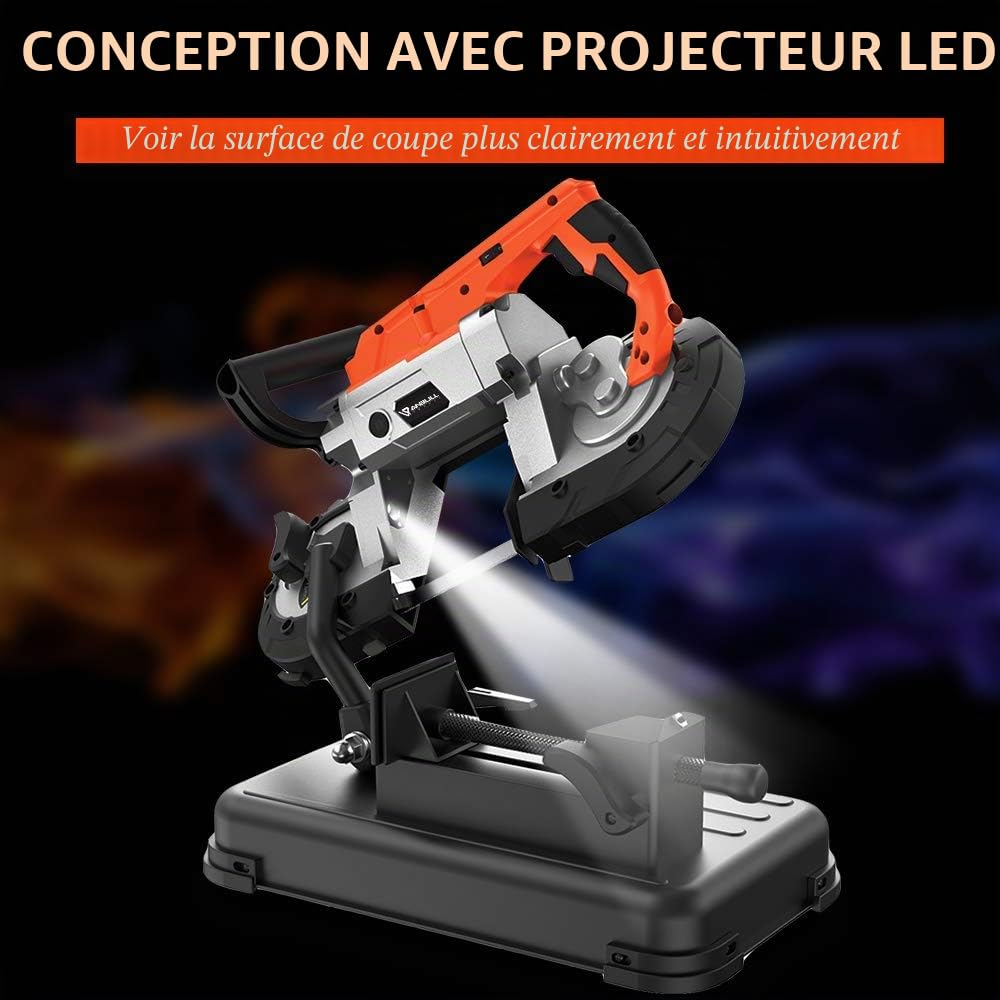 Anbull Scie à ruban métallique avec projecteur LED, scie à métaux 1100 W/230 V, réglable 0-45 °, scie à ruban avec socle amovible, établi en acier allié