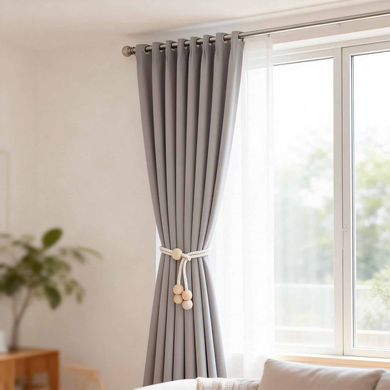Set di Fermatenda Regolabili con Perle di Legno, 4 Pezzi, Design Elegante e Rustico per Raccogli Tenda, Facili da Installare, Perfetti per Casa e Ufficio