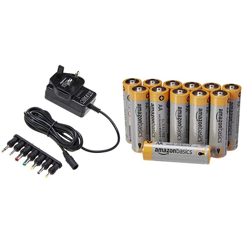Amazon Basics Universal DC Power Supply with 7 detachable tips, 3-12V, Reversible Polarity & AA Performance Alkaline Batteries (12-Pack) - Packaging May Vary