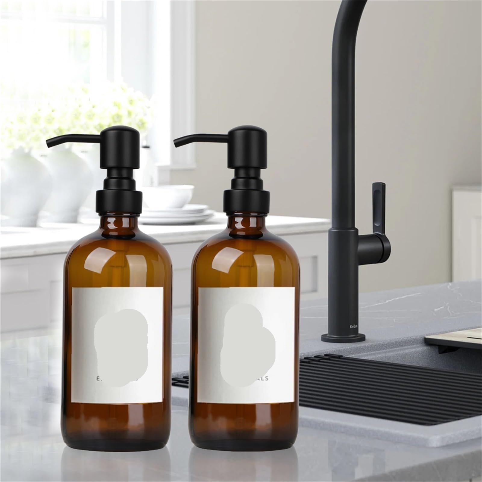 Dispenser di sapone in vetro ambrato con pompa nera, mano liquida for bagno, piatto da cucina, 2 pezzi 16 Oz 500 ml(Silver pump)
