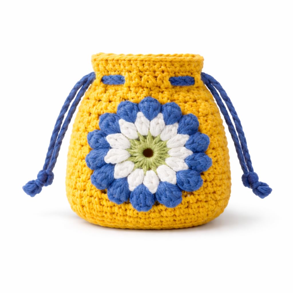 Hand-Crocheted Drawstring Potli Bag for Women, Small Crochet Floral Pouch (Sunflower Motif), Wedding Potli Bag for Bridal Party, Batwa Batua Shagun Gift Coin & Jewelry Pouch, Yellow/Blue-image-0