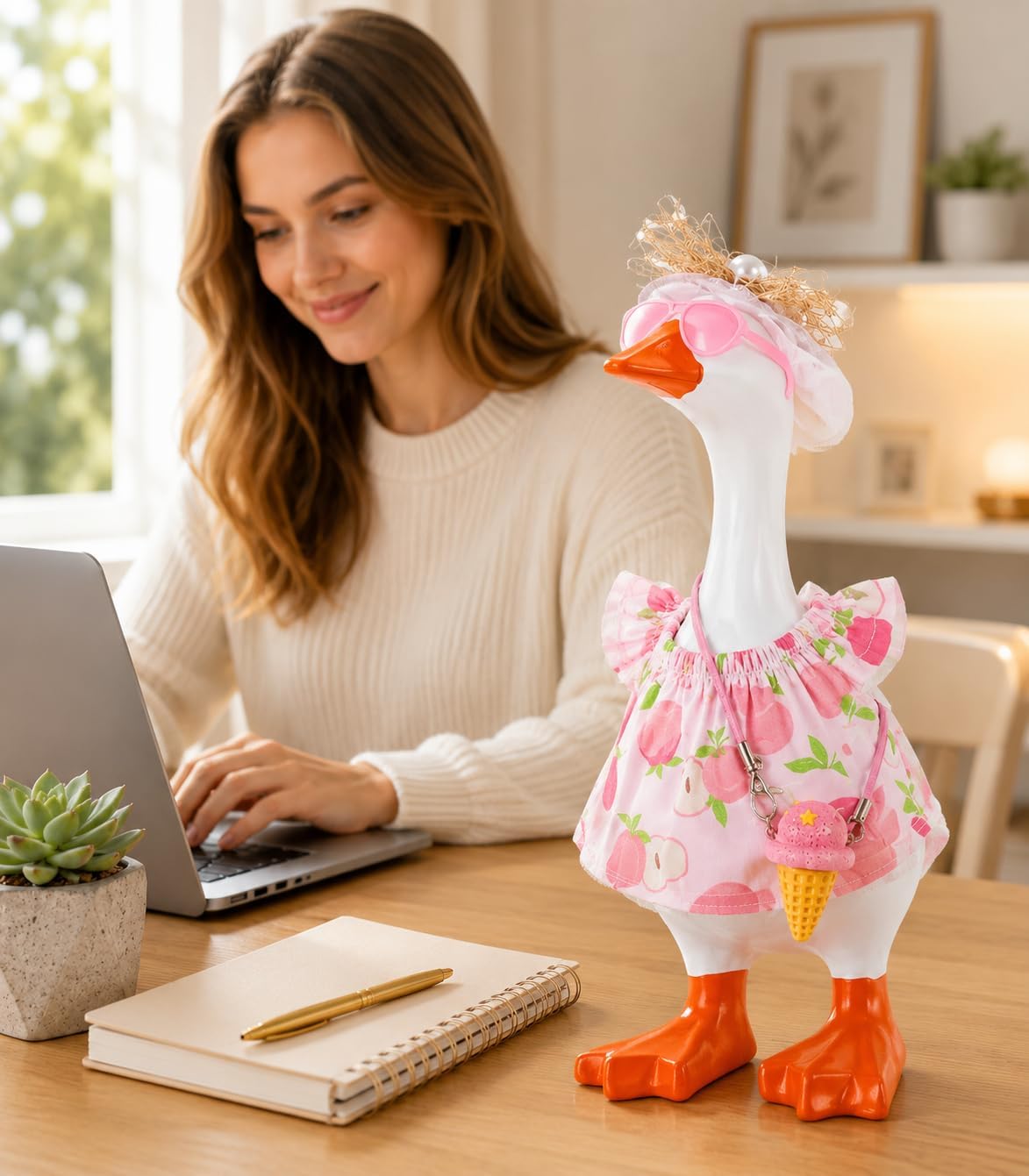 4 Set 7inch Desk Goose Outfits, Mini Desktop Goose Clothes with Hat, Floral Skirt, Bag Ornament & Glasses image 5