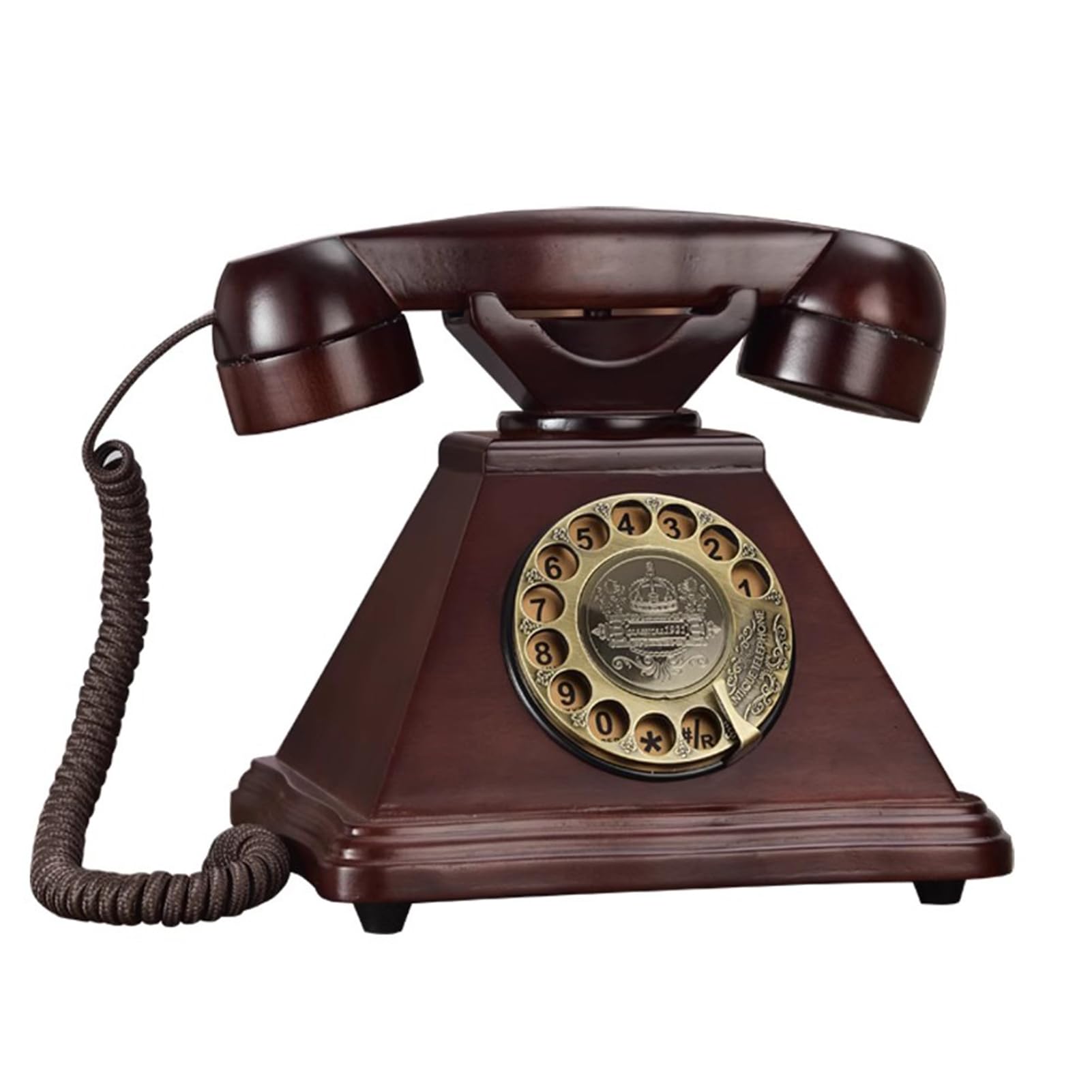 Retro telefon przewodowy telefon stacjonarny, antyczna tarcza obrotowa, zabytkowy drewniany telefon stacjonarny, stary dom z ponownym wybieraniem numeru