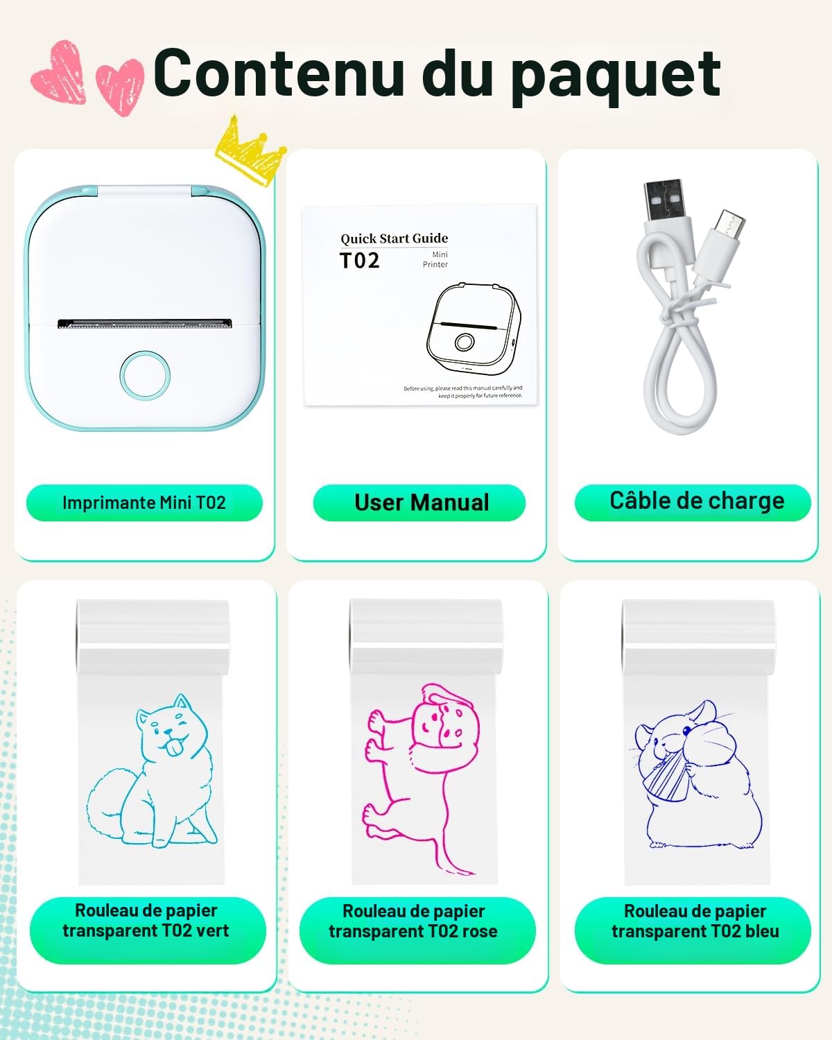 Memoking T02 Mini Imprimante - Thermique Imprimante d'autocollants Portable Mini Thermal Printer de Poche Compacte pour Graphiques D'étude, Photos, Apprentissage, Diagrammes, Plaisir, DIY,Cadeau, Vert