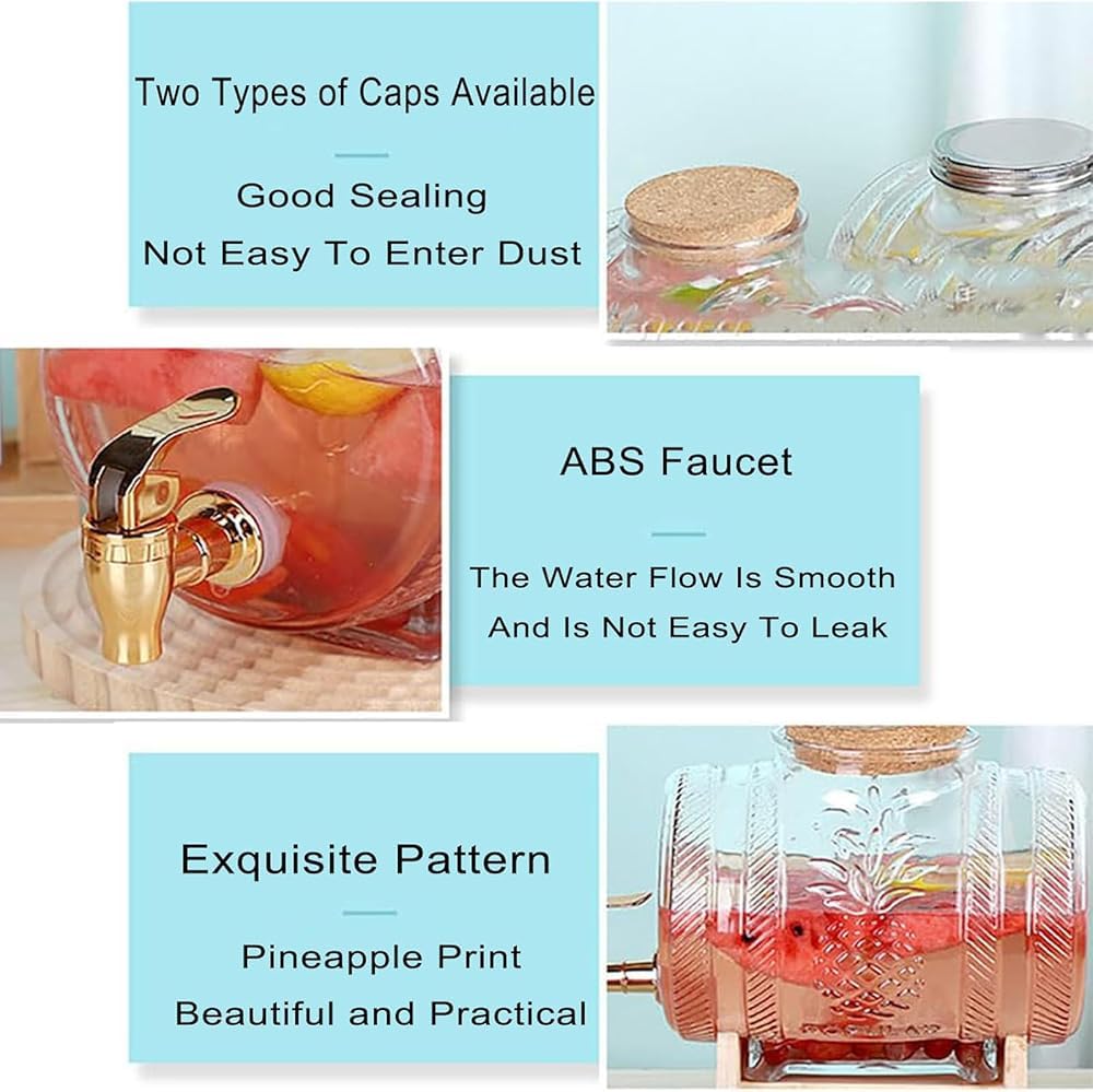Getränkespender aus Glas mit Zapfhahn und Deckel – transparenter Getränkespender auf Holzständer für Wasser, Saft, Veranstaltungen und den Außenbereich – idealer Servierbehälter